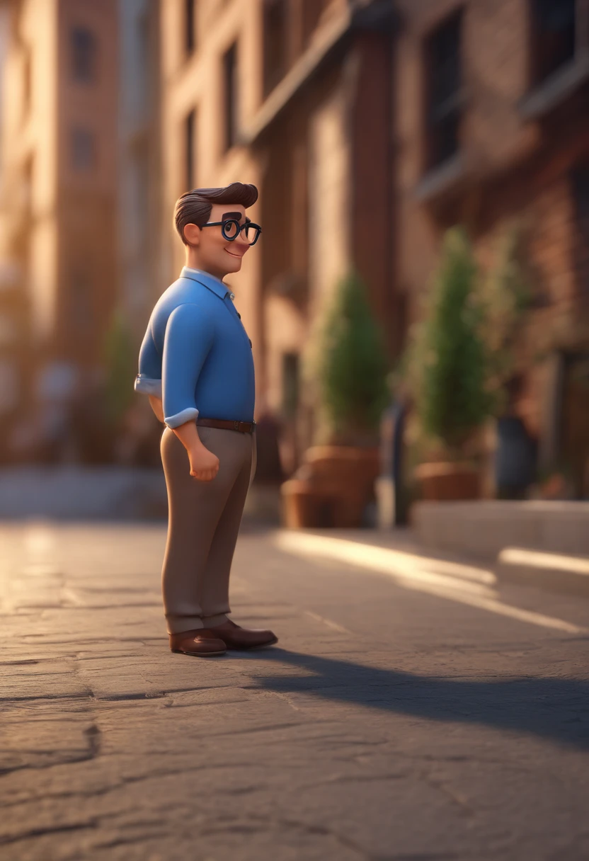 Cartoon character of two men with black glasses, cabelo cacheado marrom escuro e uma camisa azul, animation character, Caractere estilizado, animation style rendering, 3D estilizado, Arnold Maya render, 3 d render stylized, toon render keyshot, Personagem 3D, Personagem 3D, 3d rendering stylized, 3 d character render, personagem de desenho animado, Personagem de close up, Pose de personagem, (Estilo Pixar) (master part:1.2) (Bokeh) (best quality) (pele detalhada) (textura detalhada) (8k) (argila) (Cinematic lighting) (foco nítido