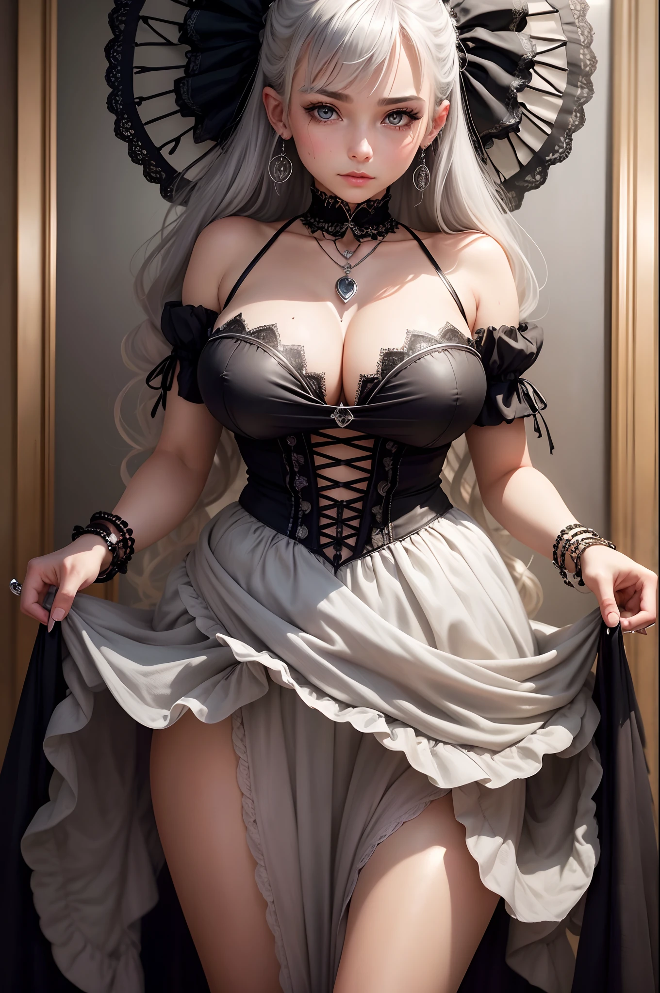 High quality, rich in detail, twin-tailed silver-haired girl posing cutely. They wear vintage Gothic gothic clothes, wearing bracelets, earrings and necklaces. Big are also visible. The photo is a close-up of the face, with cleavage, shiny breasts, sweat in the cleavage, and a sexy vibe.