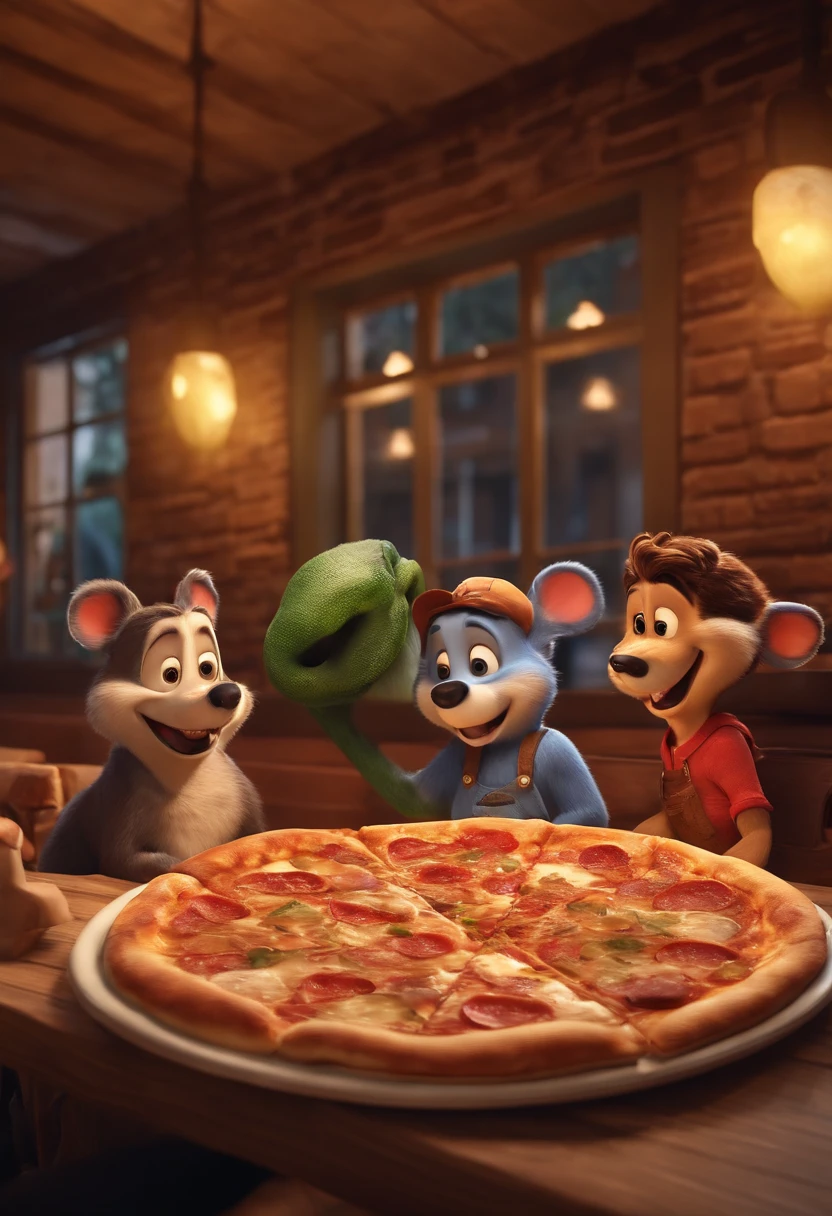 imagem ao estilo disney pixar, melhor qualidade e renderizado 3d, de um grupo de amigos felizes tomando chopp, eating pizza and celebrating at the Wood Pizzeria. on the wall in the background is written À Lenha