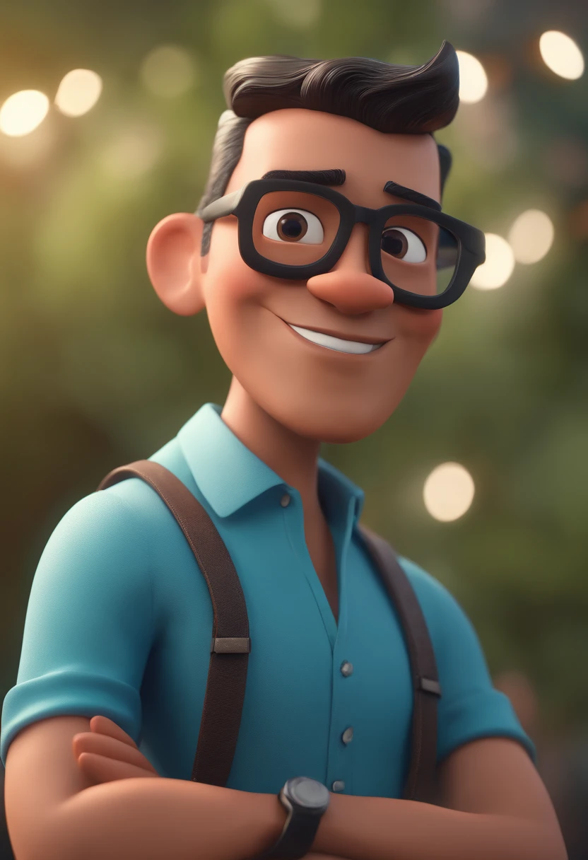 Cartoon character of a man with black glasses and a blue shirt, animation character, Caractere estilizado, animation style rendering, 3D estilizado, Arnold Maya render, 3 d render stylized, toon render keyshot, Personagem 3D, Personagem 3D, 3d rendering stylized, 3 d character render, personagem de desenho animado, Personagem de close up, Pose de personagem, (Estilo Pixar) (master part:1.2) (Bokeh) (best quality) (pele detalhada) (textura detalhada) (8k) (argila) (Cinematic lighting) (foco nítido