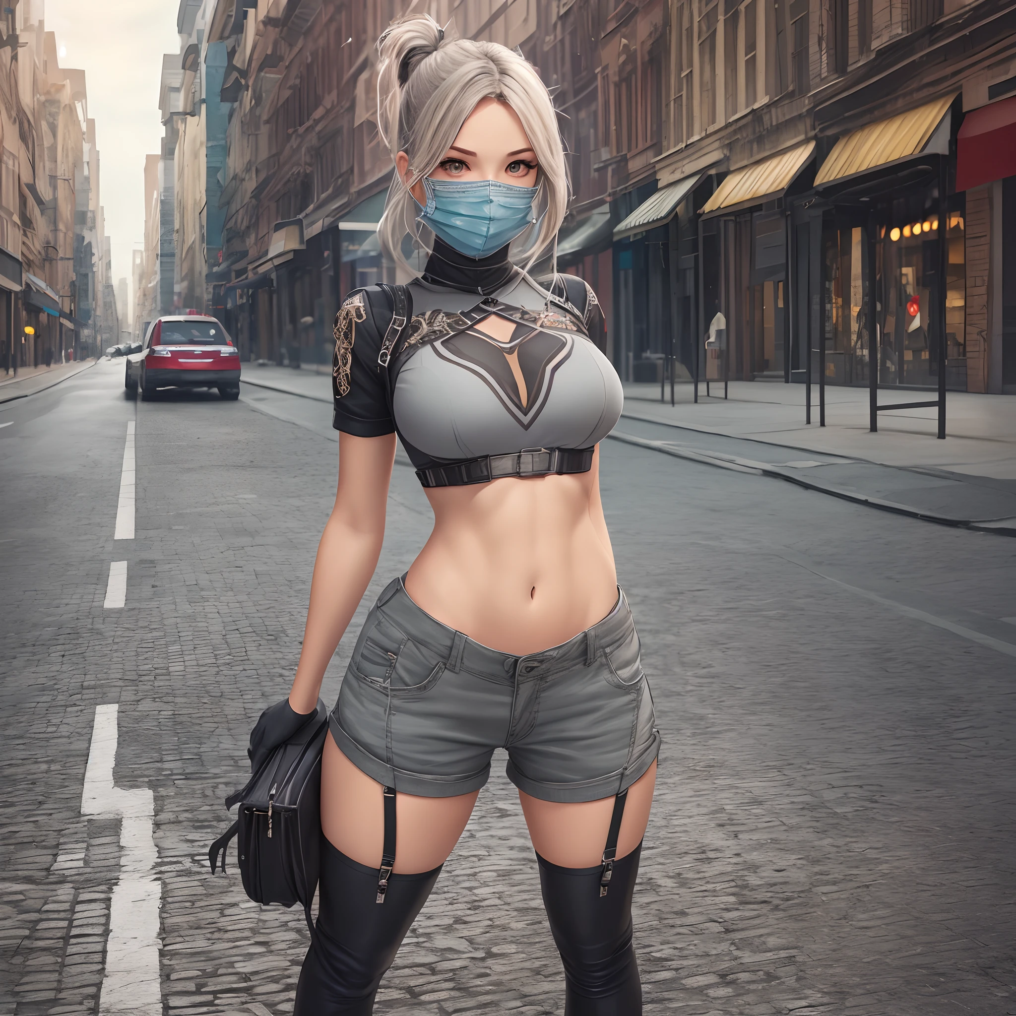 Best Quality, Masterpiece, High Resolution, 8K, (Realistic: 1.4), Ultra High Resolution, 1 american Girl, Ultra Detailed, Surreal, Highly Detailed CG Illustration, Official Art, Cinematic Light, Reality, Young Beautiful Girl, Perfect Figure, Perfect Figure, Full View, Perfect Body, (Starting below: 1.3), Mask, Pose, Sexy Long Legs, Confident, Beautiful Sexy, Grey Short Sleeves, Open Abdomen, Black Super Shorts, S-shaped Body, Upturned Hips, Assuming, Posing, Different Perspectives --auto --s2