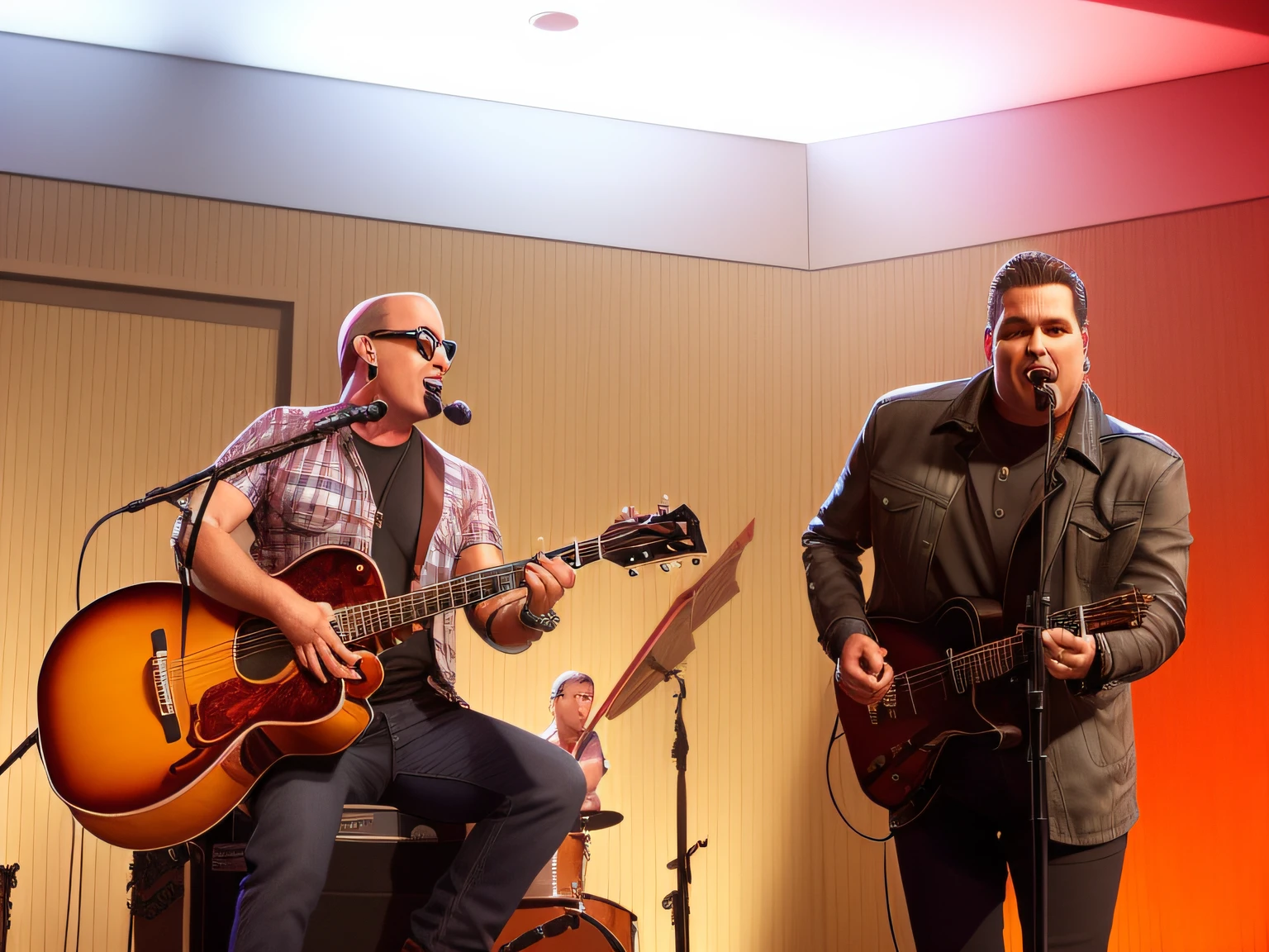 they are two men playing music together on stage with microphones, gig, musicians playing instruments, mars ravelo and greg rutkowski, ny, rock musicians on the stage, a wide full shot, performing on stage, dale keown and greg rutkowski, bottom angle, phil hale and kent williams, nbc, by Ric Estrada, live performance, full scene shot. In Pixar Style