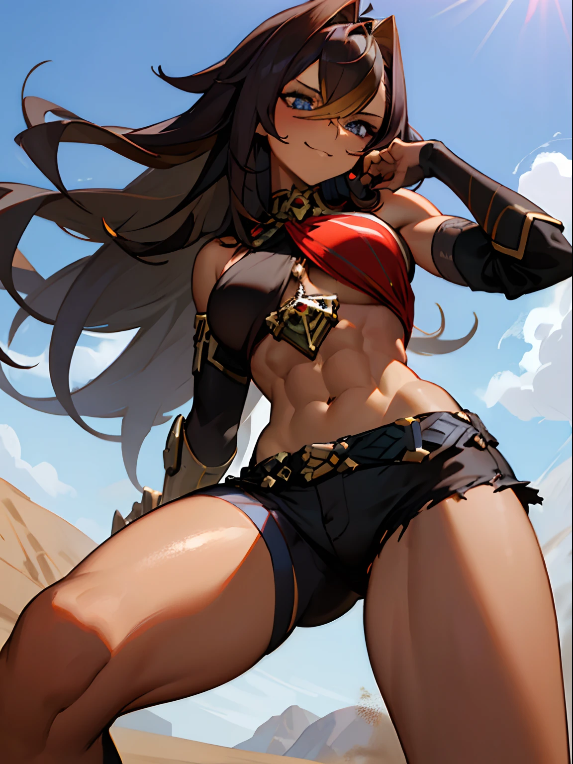 Anime giantess, giant breasts, gigantic breasts, giantess, masterpiece, best quality, flawless skin, detailed eyes, anime giantess, large chest, big breasts, thigh thighs, massive chest, dark brown hair, long hair, blonde highlights, light blue eyes, brown skin, dark skin, viewed from below, low angle, low shot, in desert, shorts, red and black bra, no shirt, highly detailed outfit, detailed character design, massive chest, gigantic chest, confident, mature giantess, dehya, dehya genshin impact, muscles, muscular, tomboy, outdoors, sky in background, giantess growth, growing larger, breast expansion, dark brown skin, dark skin colour, smirk, rowdy, buff, broad frame, giga giantess, giga breasts