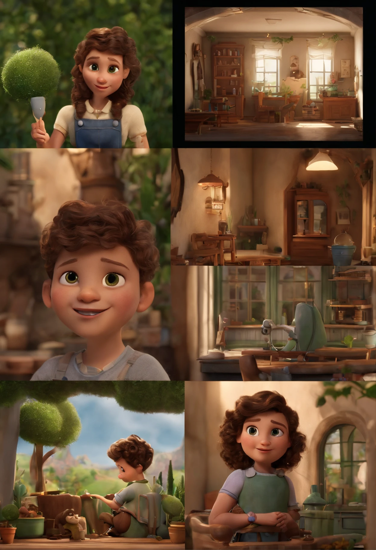 A Dream Barber Inspired by Pixar Animation, de perto. The character takes center stage with captivating facial expressions, oferecendo um toque de irrealidade, A child girl with brown curly hair dark green eyes She's a light brunette She's looking at a window And that window outside has a lot of trees and grass