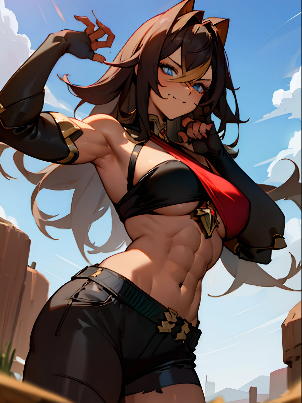 Anime giantess, giant breasts, gigantic breasts, giantess, masterpiece, best quality, flawless skin, detailed eyes, anime giantess, large chest, big breasts, thigh thighs, massive chest, dark brown hair, long hair, blonde highlights, light blue eyes, brown skin, dark skin, viewed from below, low angle, low shot, in desert, shorts, red and black bra, no shirt, highly detailed outfit, detailed character design, massive chest, gigantic chest, confident, mature giantess, dehya, dehya genshin impact, muscles, muscular, tomboy, outdoors, sky in background, giantess growth, growing larger, breast expansion, dark brown skin, dark skin colour, smirk, rowdy, buff, broad frame, giga giantess, giga breasts