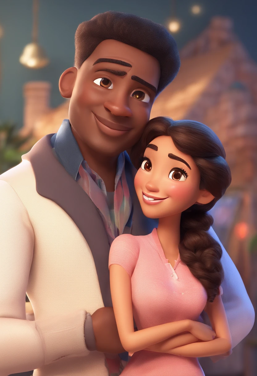 An illustration of an adorable couple, destacando um homem e uma mulher com bonito, Expressive eyes – the man's skin is black and the man's hair is bald and black, while the woman's skin is black and the woman's hair is curly and brown. They are a bright room, cada um com um sorriso no rosto, e compartilhar um momento especial caracterizado pelo amor, arroz, e insights educacionais. Illustrate this scene from a perspective where they are facing away from the camera, Showing Your Connection. Desenvolva esta arte em Full HD, Focus on your cinematic touch, Estilo Disney Pixar Animations