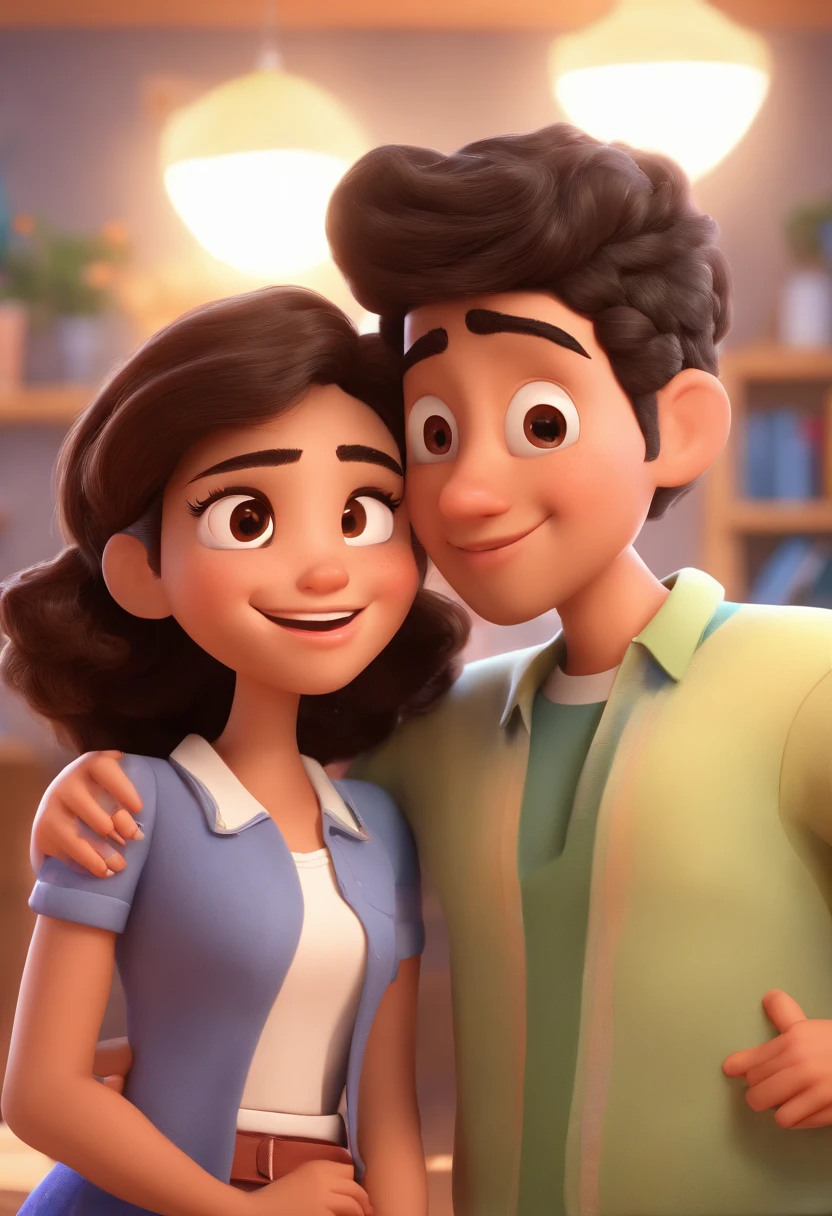 An illustration of an adorable couple, destacando um homem e uma mulher com bonito, Expressive eyes – the man's skin is black and the man's hair is bald and black, while the woman's skin is black and the woman's hair is curly and brown. They are a bright room, cada um com um sorriso no rosto, e compartilhar um momento especial caracterizado pelo amor, arroz, e insights educacionais. Illustrate this scene from a perspective where they are facing away from the camera, Showing Your Connection. Desenvolva esta arte em Full HD, Focus on your cinematic touch, Estilo Disney Pixar Animations