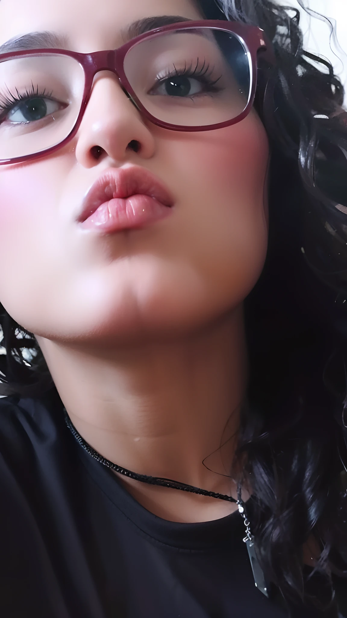 there is a woman with glasses and a necklace on her neck, thick lips, lips sexy, neck zoomed in from lips down, pouty lips, lush lips, bico bonito, very full lips, Huge juicy lips, large juicy lips, puffy lips, small lips, very small lips, with very thin lips, beautiful lips, full lips, lips slightly parted