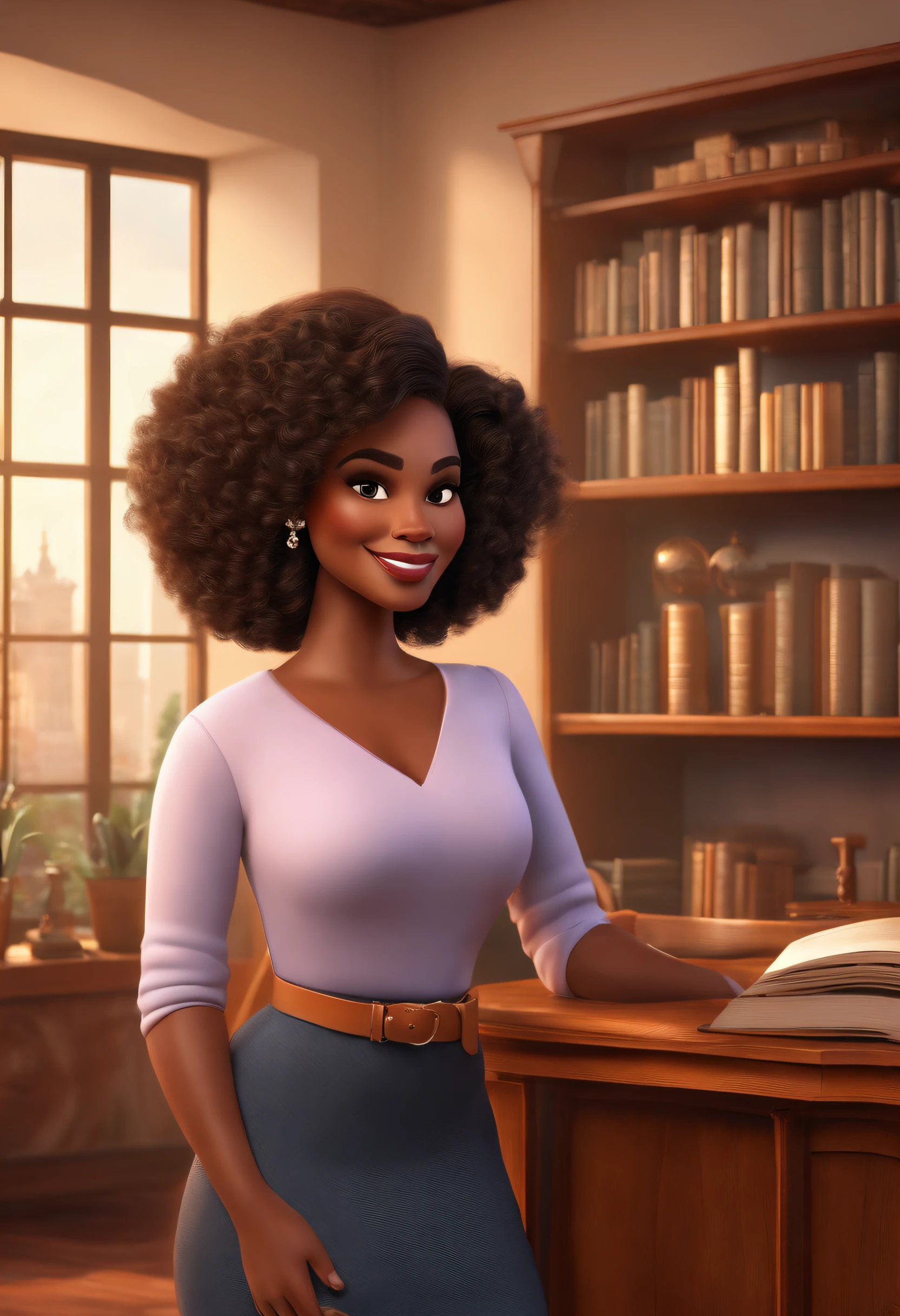 Pixar style image with 3D character, a black woman with light skin in a modern dress, she is a real estate agent and is well dressed in the background, a law office with a bookshelf and books with depth, very beautiful, make the adjustments you deem necessary for the better aesthetic she has medium volume curly hair loose brown curls empowered woman, Anos Imane, andrea rocha, inspired by Antonín Chittussi, Magalie Villeneuve, professional image, simone graci, professional image, profile image, high quality image, Tais araujo, inspired by Araceli Gilbert Disney Makeup,Fisherman, cute, smiling,Close-up, Pixar, Disney, Cinema lighting,