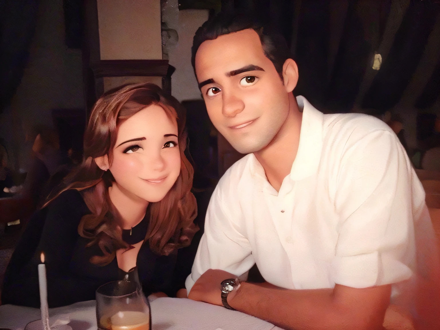 Um casal sentado na mesa de um restaurante comemorando o dia dos namorados a