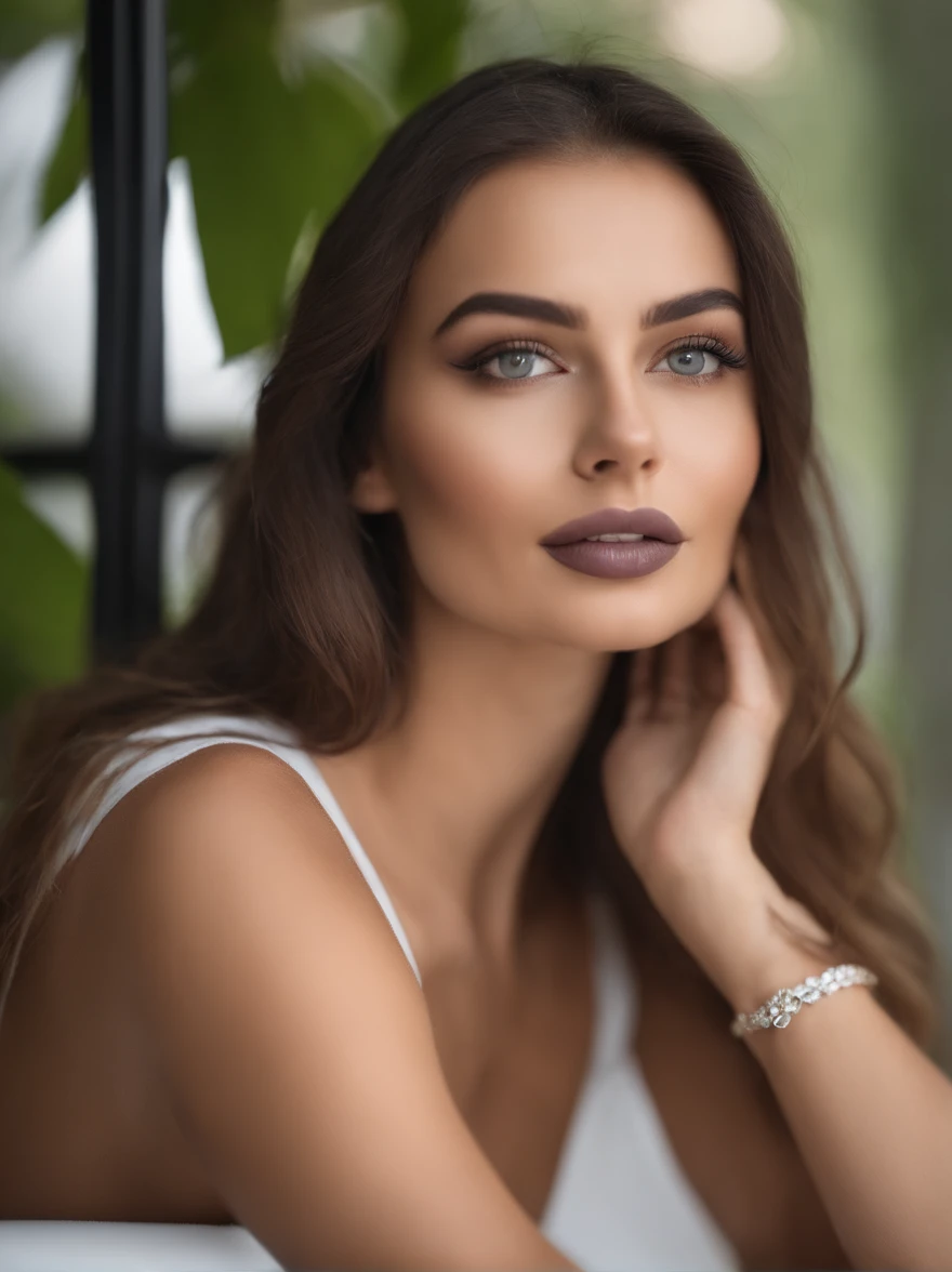 Femme Arafed en T-shirt blanc et collier, fille sexy aux yeux verts, Portrait Sophie Mudd, cheveux bruns et grands yeux, Selfie d’une jeune femme, Yeux de chambre, Violet Myers, pas de maquillage, maquillage naturel, Regarder directement la caméra, Visage avec Artgram, maquillage fin, Superbe plan complet, Yeux verts perçants, Bel angle, pose attrayante, douce fille, sexy pose, Image pleine longueur, complet - corps, Prise de vue du corps entier, Déesse brune, détail élevé, Posture satisfaite, jupe