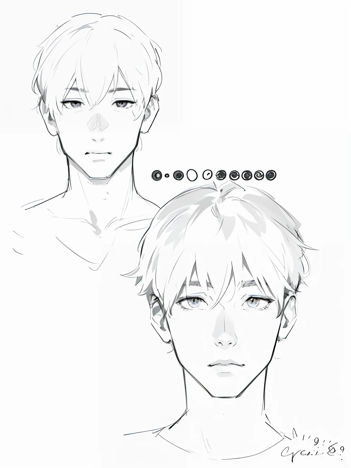 How to draw a male head with short hair, traditional drawing style, Male anime style, head and waist potrait, realistically proportioned head, Realistic proportions!!, Line sketch!!, :9 detailed face: 8, Detailed anime soft face, semi realistic anime, how to draw anime, boy hair, high quality of sketching, realistic anime face