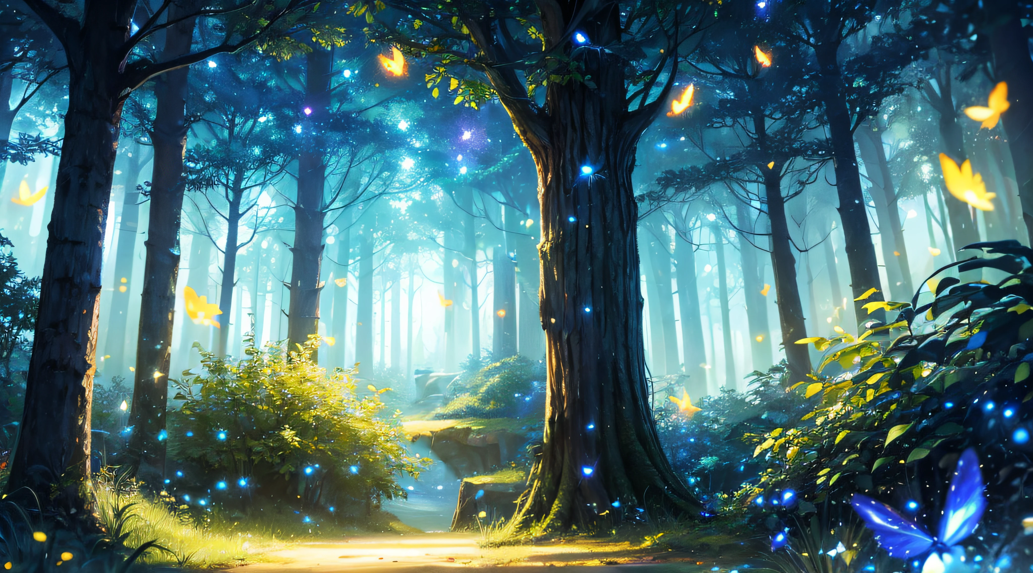 mystical magical forest fireflies night blue