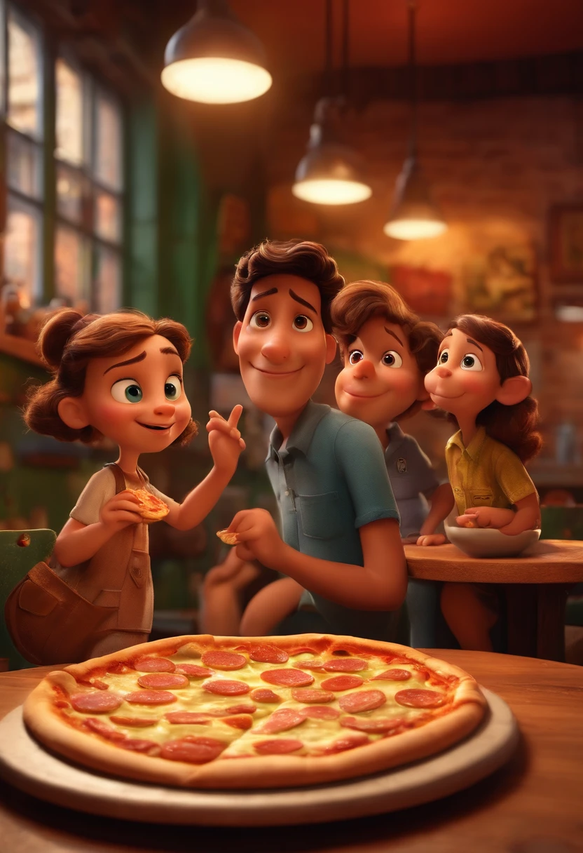 imagem ao estilo disney pixar, melhor qualidade e renderizado 3d, de um grupo de amigos felizes tomando chopp, eating pizza at Pizzaria À Lenha. on the wall in the background is written À Lenha