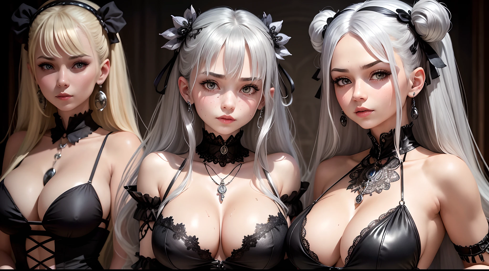 High quality, rich in detail, twin-tailed silver-haired girl posing cutely. They wear vintage Gothic gothic clothes, wearing bracelets, earrings and necklaces. Big are also visible. The photo is a close-up of the face, with cleavage, shiny breasts, sweat in the cleavage, and a sexy vibe.