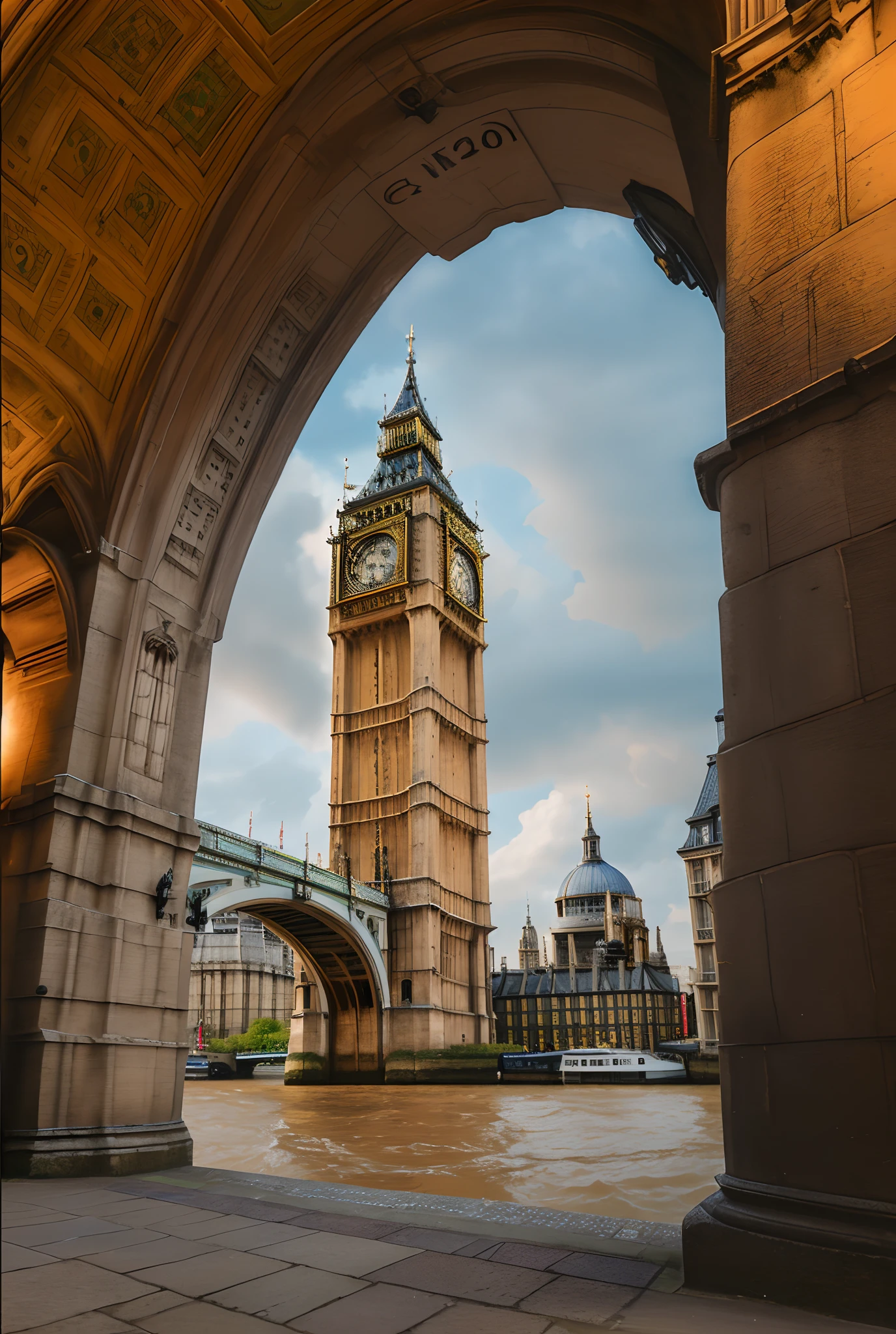 a very detailed photography of the big ben tower in London, seen from a stone loggiato, futuristic vision, dramatic sky, hyperrealistic, river thames, reduce keystone effect