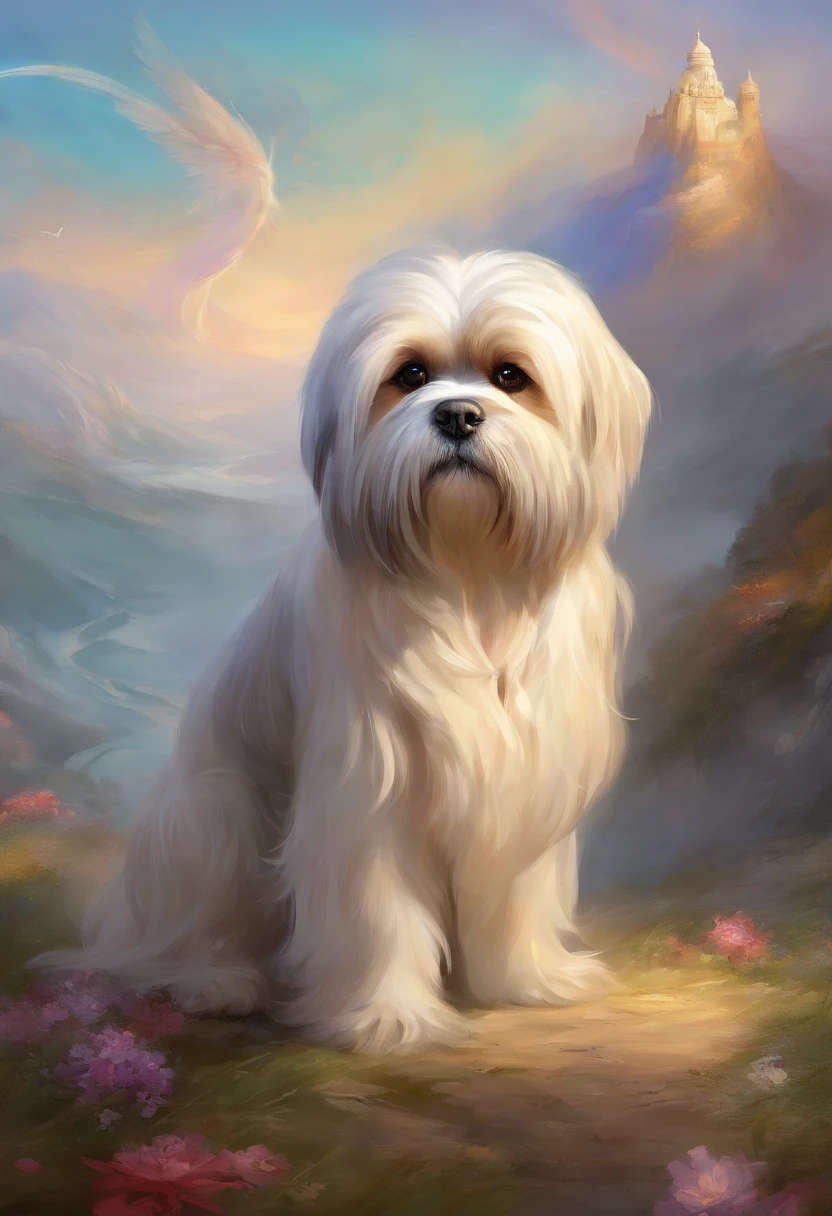 Cachorro da raca lhasa apso , pelos longos na cor branca