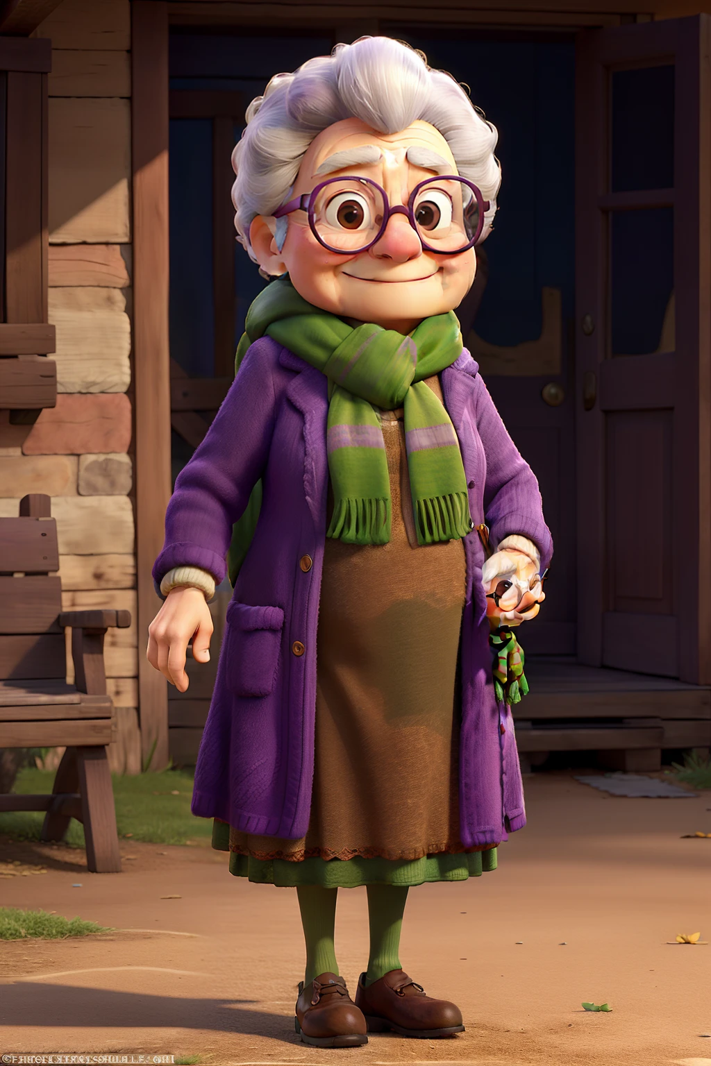 masterpiece, best quality, an old woman with glasses and a scarf on, wearing a purple coat and green scarf, standing at the park
