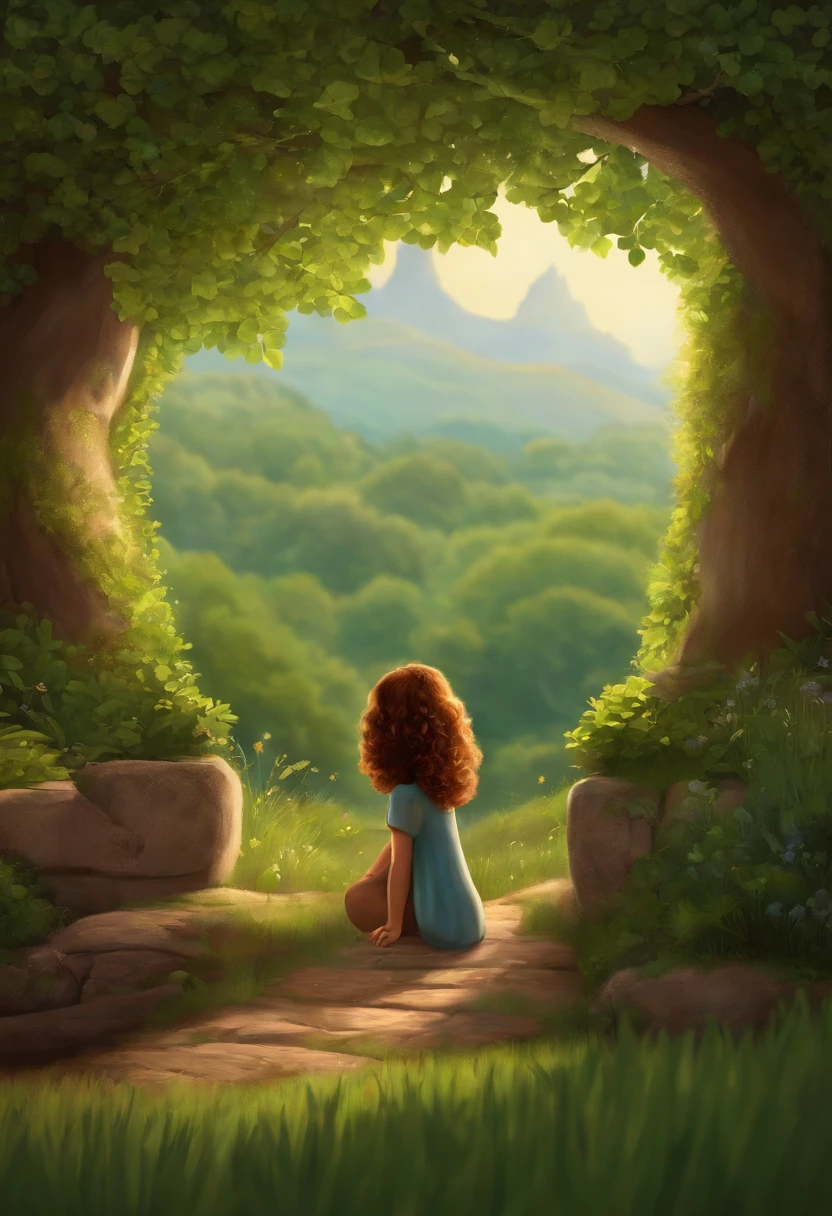 A Girl Inspired by Pixar Animation, de perto. O personagem assume Uma menina pequena com cabelos cacheados castanho, olhos verdes escuros,She's a light brunette, She's staring out a window, And that window outside has a lot of trees and grass