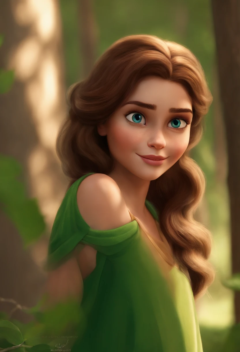 A Girl Inspired by Pixar Animation, de perto. O personagem assume Uma  pequena com cabelos cacheados castanho, olhos verdes escuros,She's a light brunette, She's staring out a window, And that window outside has a lot of trees and grass