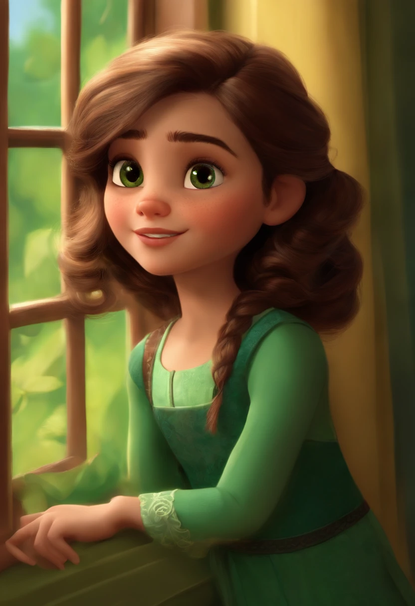 A Girl Inspired by Pixar Animation, de perto. O personagem assume Uma pequena com cabelos cacheados castanho, olhos verdes escuros,She's a light brunette, She's staring out a window, And that window outside has a lot of trees and grass