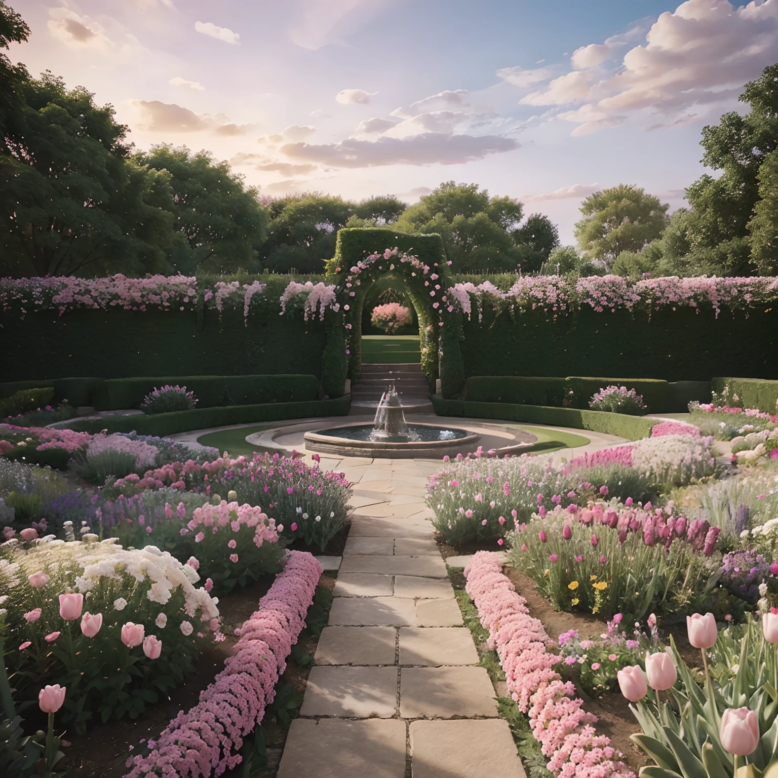 a yellow rocky road, surrounded by a vibrant garden filled with pink lavender and pink tulips. The sky is a soft blush color, adorned with fluffy white clouds. The scene is beautifully rendered in a 3D realistic style, capturing every detail with precision. The camera takes a high angle view, showcasing the sprawling garden. The colors are vivid and vibrant, adding an extra layer of depth to the scene. The lighting is soft, casting a warm pink glow on the surrounding flowers.