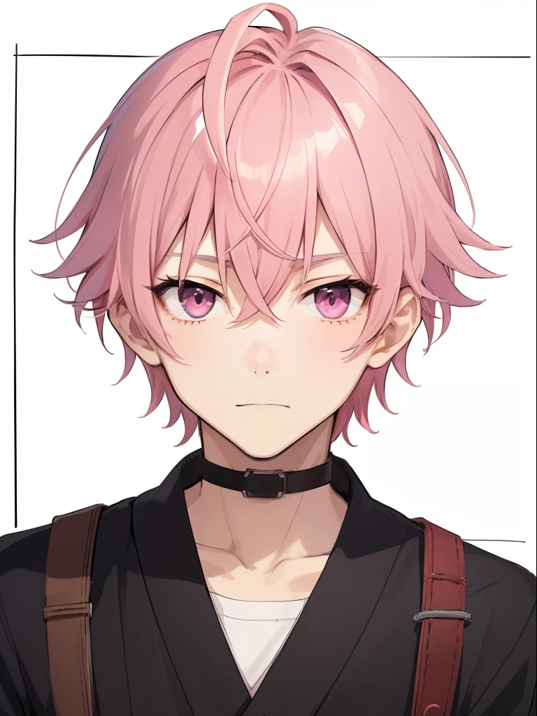 1 male、boy, A pink-haired、pink eyes、neutral expression