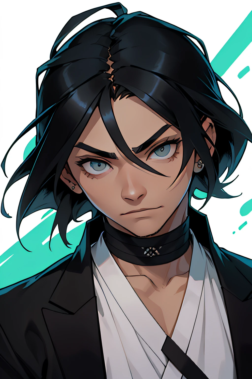 master part, best quality, ((1 homem)),cabelos azuis,olhos verdes,Serious expression, sorridente,cintura para cima,arte de linha,medium hair,Blazer branco,camiseta preta,expressionless eyes,((Estilo Tite Kubo)) --auto