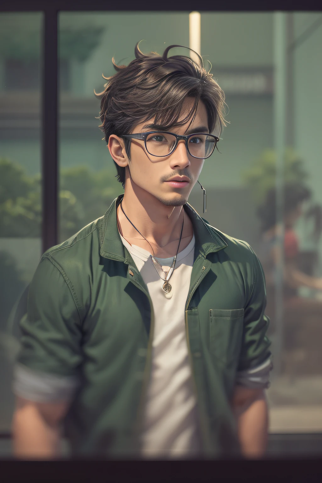 A cool college student, (macho), ((desbotar estilo de cabelo)), usar casaco cinza, Camiseta lisa branca, black jeans ,((fundo verde)),(Estilo anime), (Cinematic lighting), (ray tracing), ((reflection light)), ((tiro de meio corpo)), atmosphric perspective, master part, preciso, ((best quality)), alta qualidade, super detalhe, detalhes altos, anatomicamente correto, Alto, 1080P,