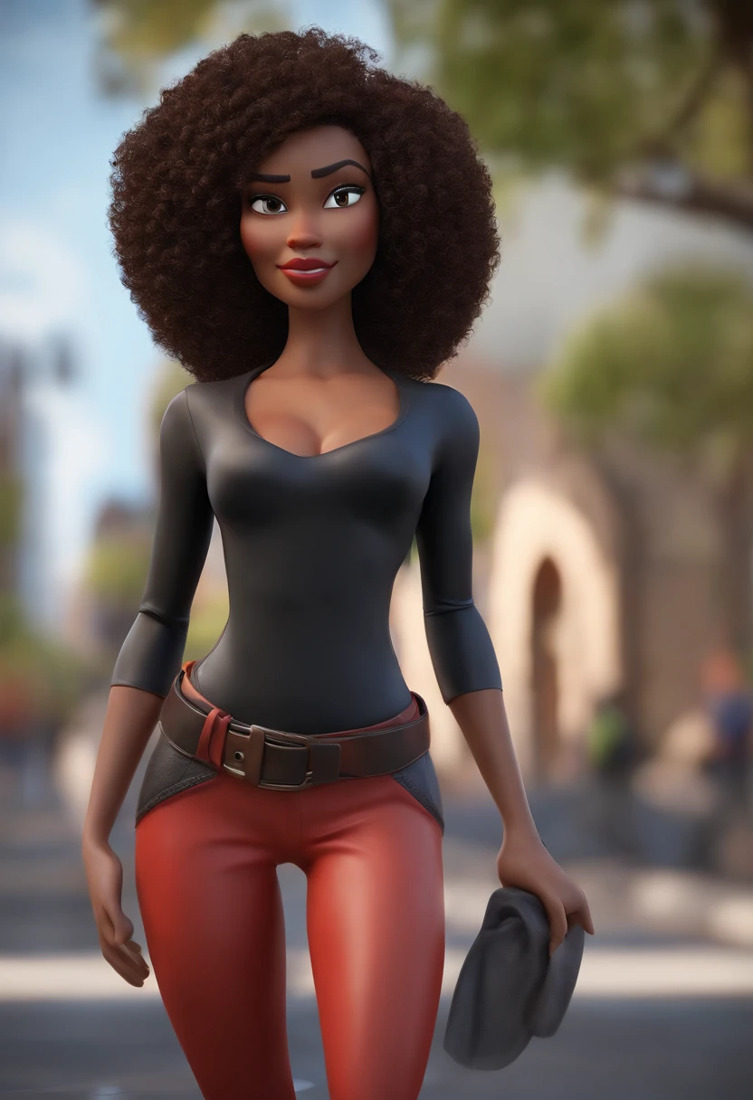 Personagem de desenho animado de uma mulher negra, cabelo cacheado, with a black shirt and black pants, animation character, Caractere estilizado, animation style rendering, 3D estilizado, gordura, 3 d render stylized, toon render keyshot, Personagem 3D, Personagem 3D, 3d rendering stylized, 3 d character render, personagem de desenho animado, Personagem de close up, Pose de personagem, (Estilo Pixar) (master part:1.2) (Bokeh) (best quality) (pele detalhada) (textura detalhada) (8k) (argila) (Cinematic lighting) (foco nítido