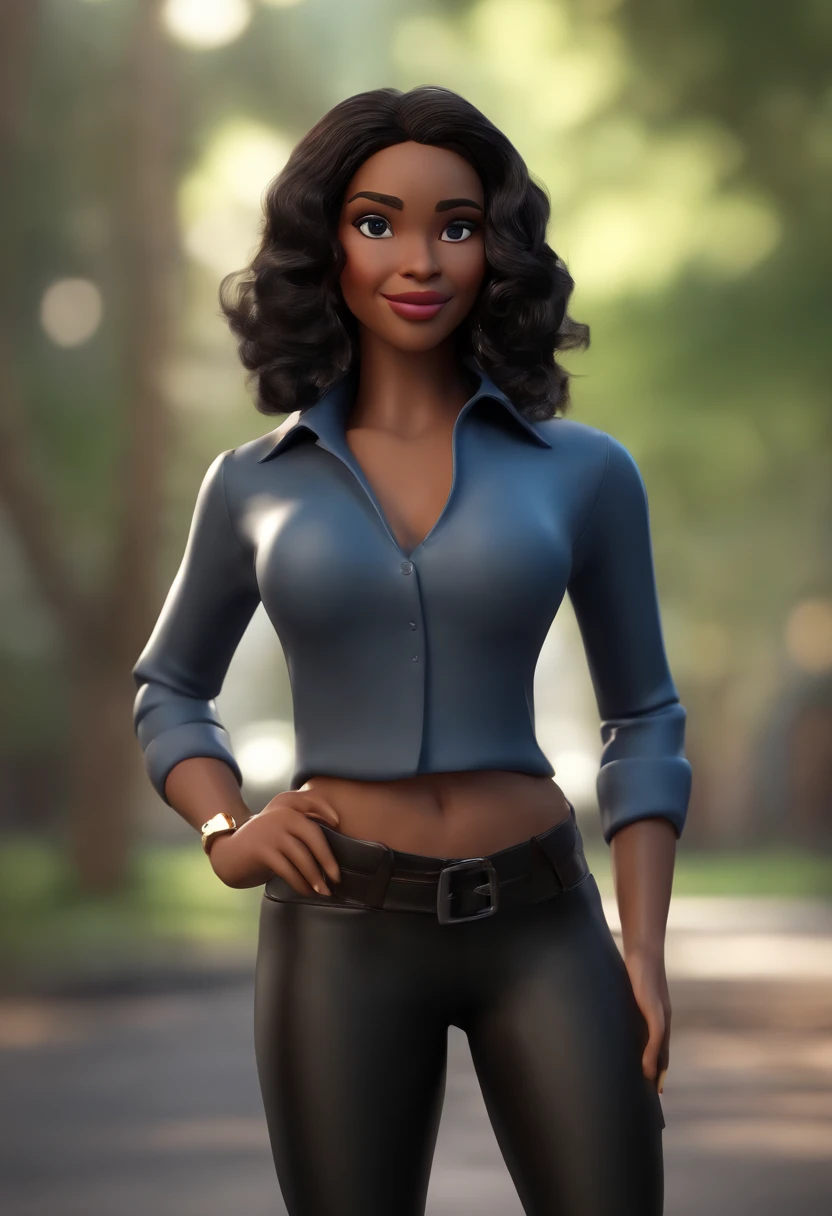 Personagem de desenho animado de uma mulher negra, cabelo cacheado, with a black shirt and black pants, animation character, Caractere estilizado, animation style rendering, 3D estilizado, gordura, 3 d render stylized, toon render keyshot, Personagem 3D, Personagem 3D, 3d rendering stylized, 3 d character render, personagem de desenho animado, Personagem de close up, Pose de personagem,  (Estilo Pixar) (master part:1.2) (Bokeh) (best quality) (pele detalhada) (textura detalhada) (8k) (argila) (Cinematic lighting) (foco nítido