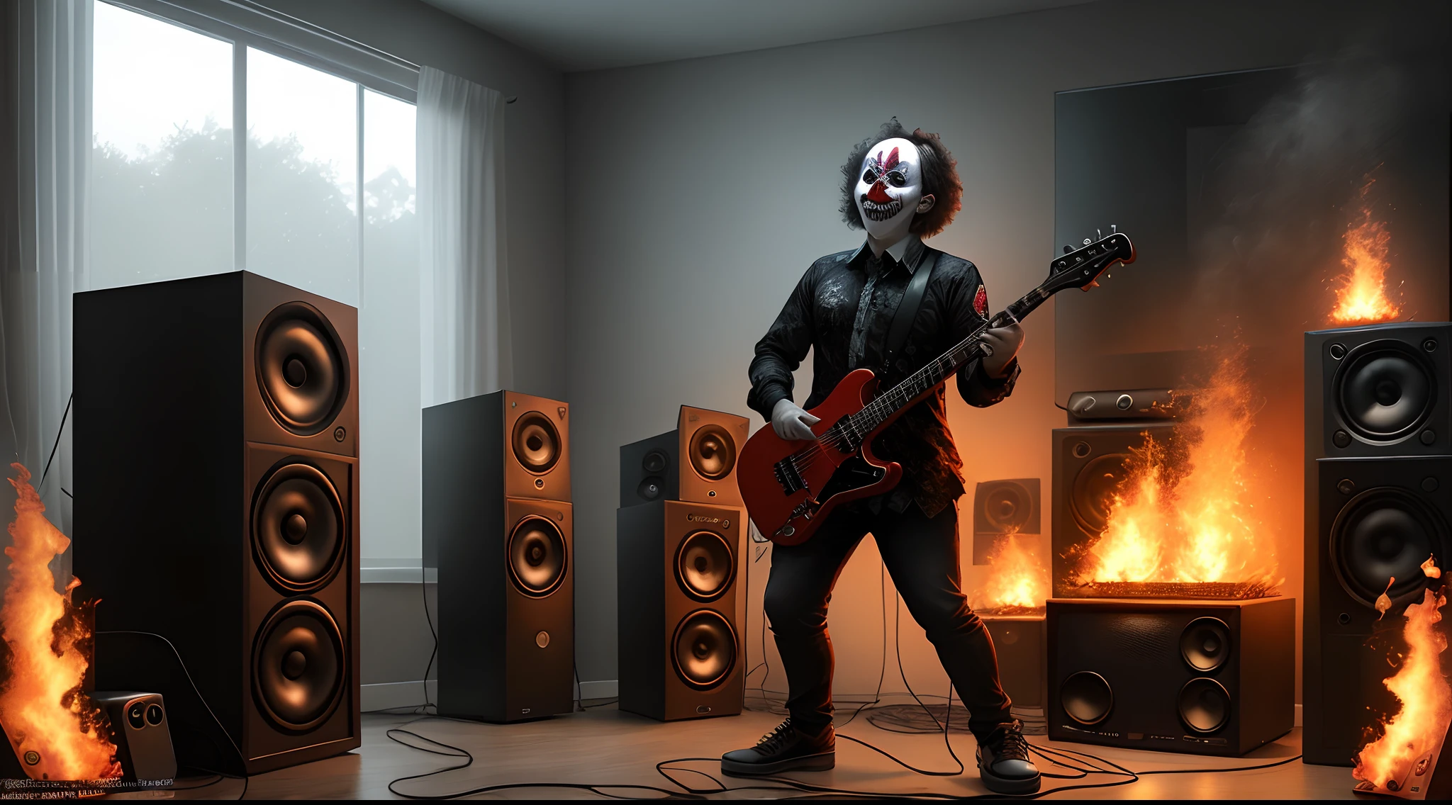 Clown Between Burning Speakers, estilo Death metal, branco e preto, com o logo VISCERAL SOUNDS