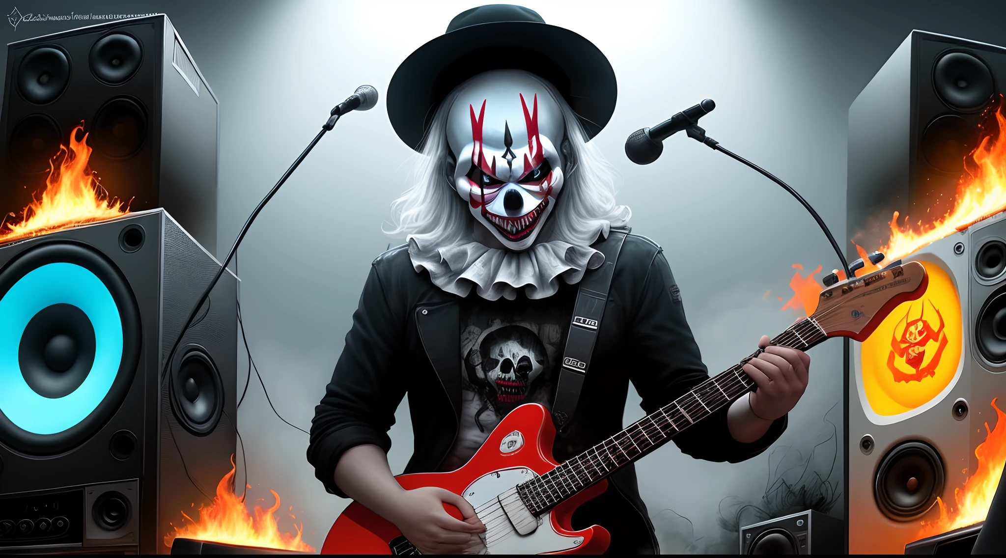 Clown Between Burning Speakers, estilo Death metal, branco e preto, com o logo VISCERAL SOUNDS