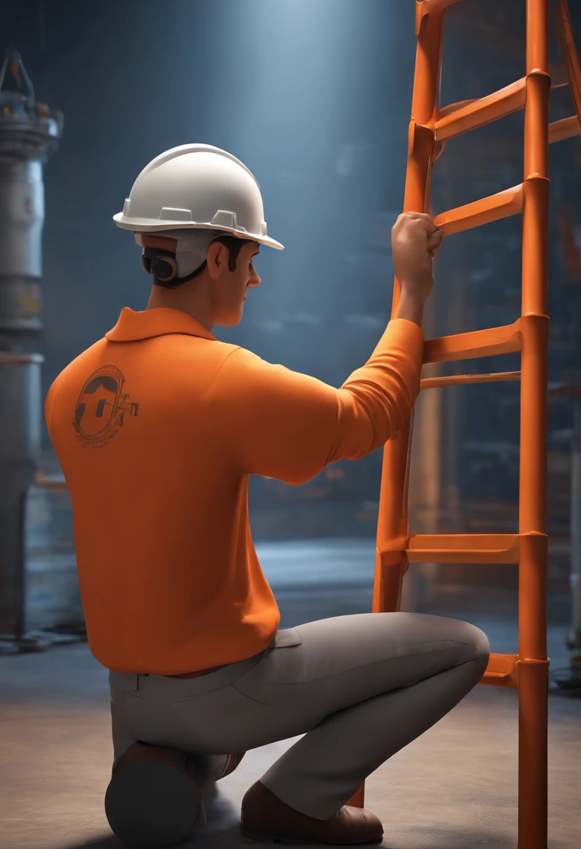 Um filme inspirado na Disney Pixar (Male Telecom Technician of Você Telecom with orange shirt outfit, Grey Gandola & Grey Pants & Orange Ladder 6 Flights On Top Of Post Doing Installation On CTO, com uma bolsa de ferramentas, PPE's as a helmet, cinto, lanyard and with a cell phone in his hand) dentro A cena estar na arte distinta do estilo PIXAR, descolada e estilosa