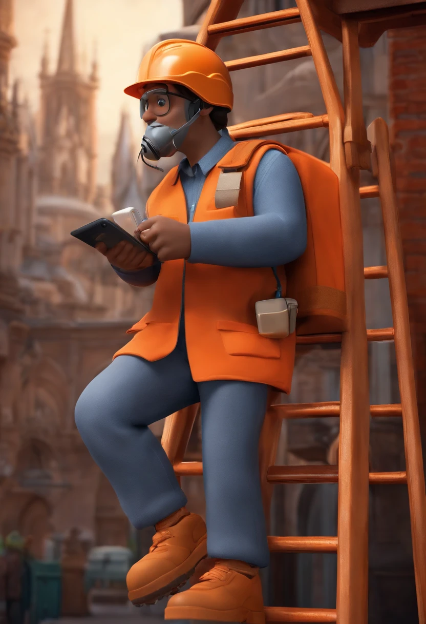 Um filme inspirado na Disney Pixar (Male Telecom Technician of Você Telecom with orange shirt outfit, Grey Gandola & Grey Pants & Orange Ladder 6 Flights On Top Of Post Doing Installation On CTO, com uma bolsa de ferramentas, PPE's as a helmet, cinto, lanyard and with a cell phone in his hand) dentro A cena estar na arte distinta do estilo PIXAR, descolada e estilosa