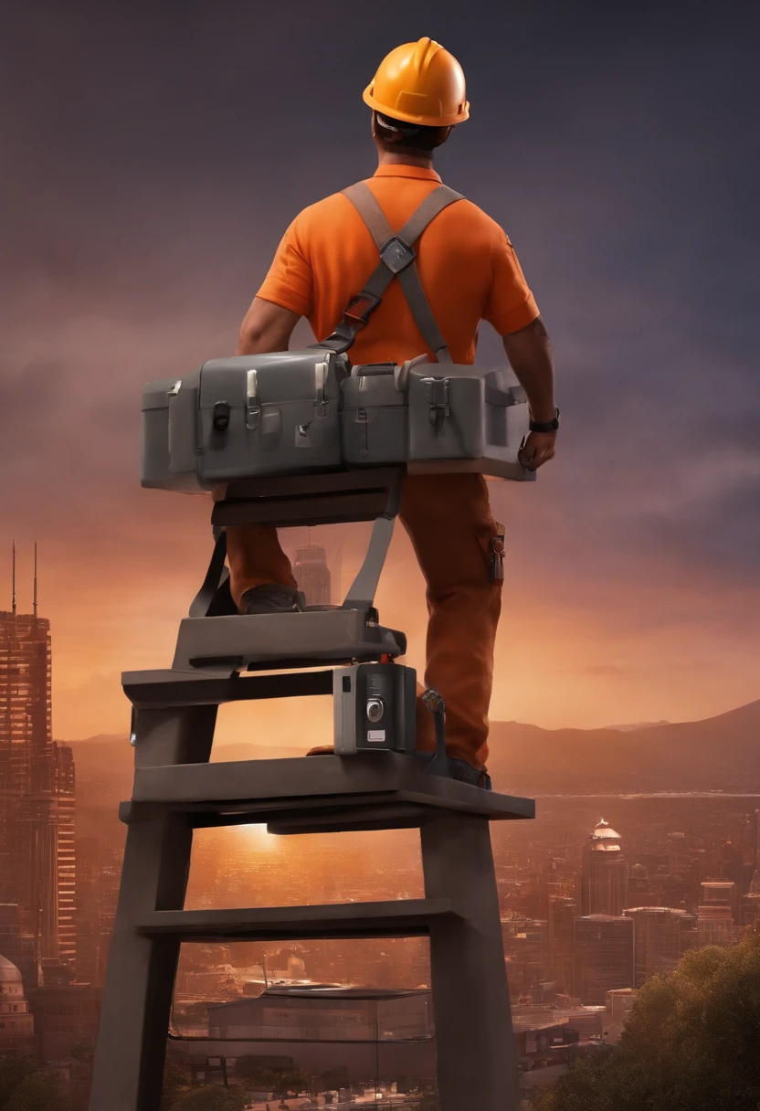 Um filme inspirado na Disney Pixar (Male Telecom Technician of Você Telecom with orange shirt outfit, Grey Gandola & Grey Pants & Orange Ladder 6 Flights On Top Of Post Doing Installation On CTO, com uma bolsa de ferramentas, PPE's as a helmet, cinto, lanyard and with a cell phone in his hand) dentro A cena estar na arte distinta do estilo PIXAR, descolada e estilosa