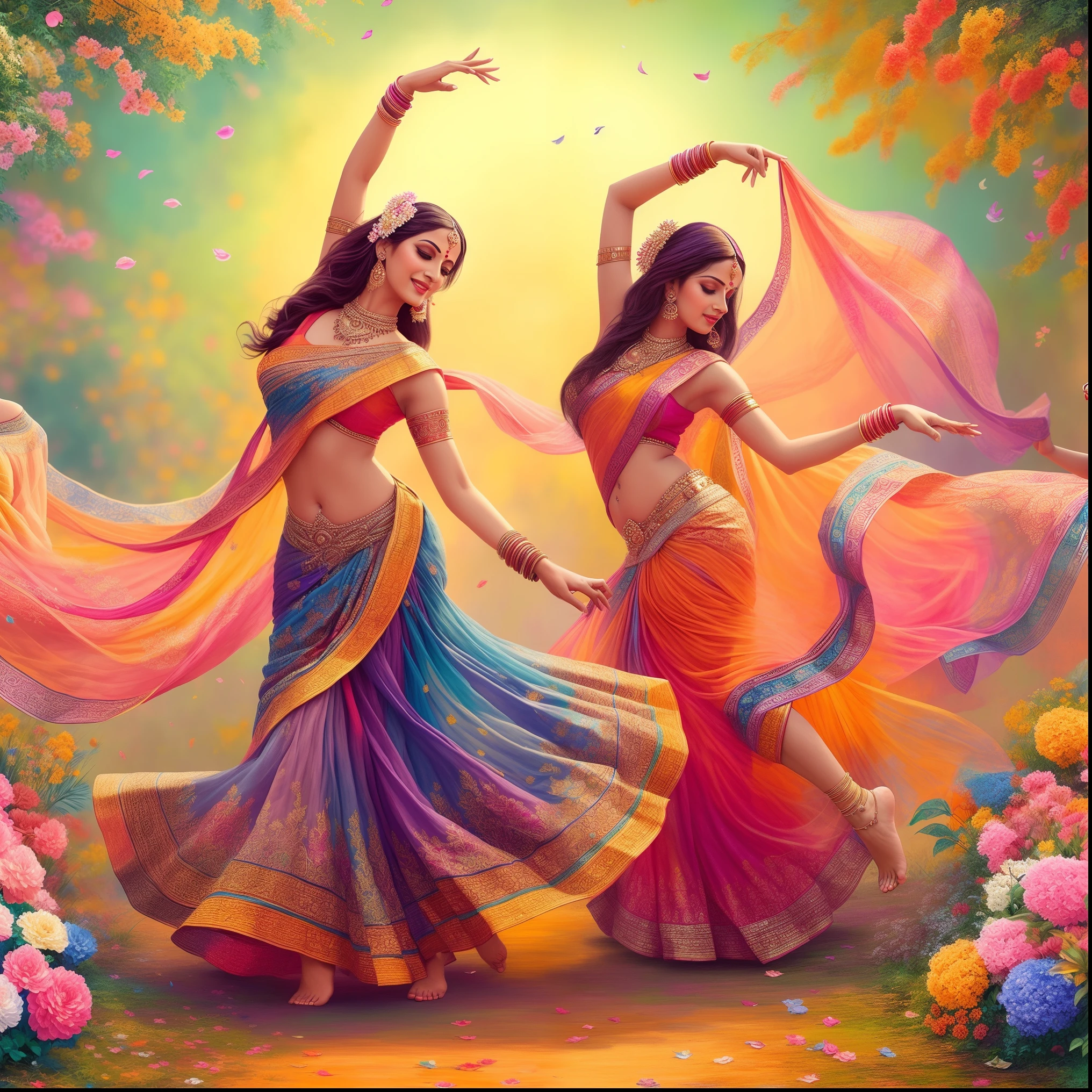 two women in colorful saris dancing in a garden, indian art, beautiful digital artwork, dancers, beautiful art uhd 4 k, a beautiful artwork illustration, festival of rich colors, beautiful gorgeous digital art, dancing gracefully, beautiful digital art, dancing with each other, beautiful depiction, very beautiful digital art, with beautiful colors, painting of beautiful, colorful hd picure