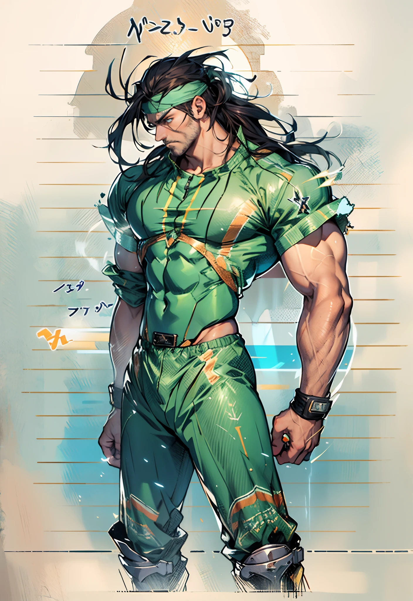 A middle-aged man, dark green long hair, wildly disheveled and exaggerated hairstyle, a headband, no eyebrows, a stern gaze, a well-defined facial structure, a tall and muscular physique, a fantasy-realistic style outfit, only a half-length windbreaker coat, sleeveless, revealing sturdy abdominal muscles, wearing wrist guards adorned with sharp teeth, matching trousers with the outfit, standing like a deity, dark clouds gathering in the sky, flashes of lightning and thunder, wild winds swirling around, this character embodies a finely crafted fantasy-style wild overlord in anime style, characterized by an exquisite and mature manga illustration art style, high definition, best quality, highres, ultra-detailed, ultra-fine painting, extremely delicate, professional, anatomically correct, symmetrical face, extremely detailed eyes and face, high quality eyes, creativity, RAW photo, UHD, 8k, Natural light, cinematic lighting, masterpiece-anatomy-perfect, masterpiece:1.5