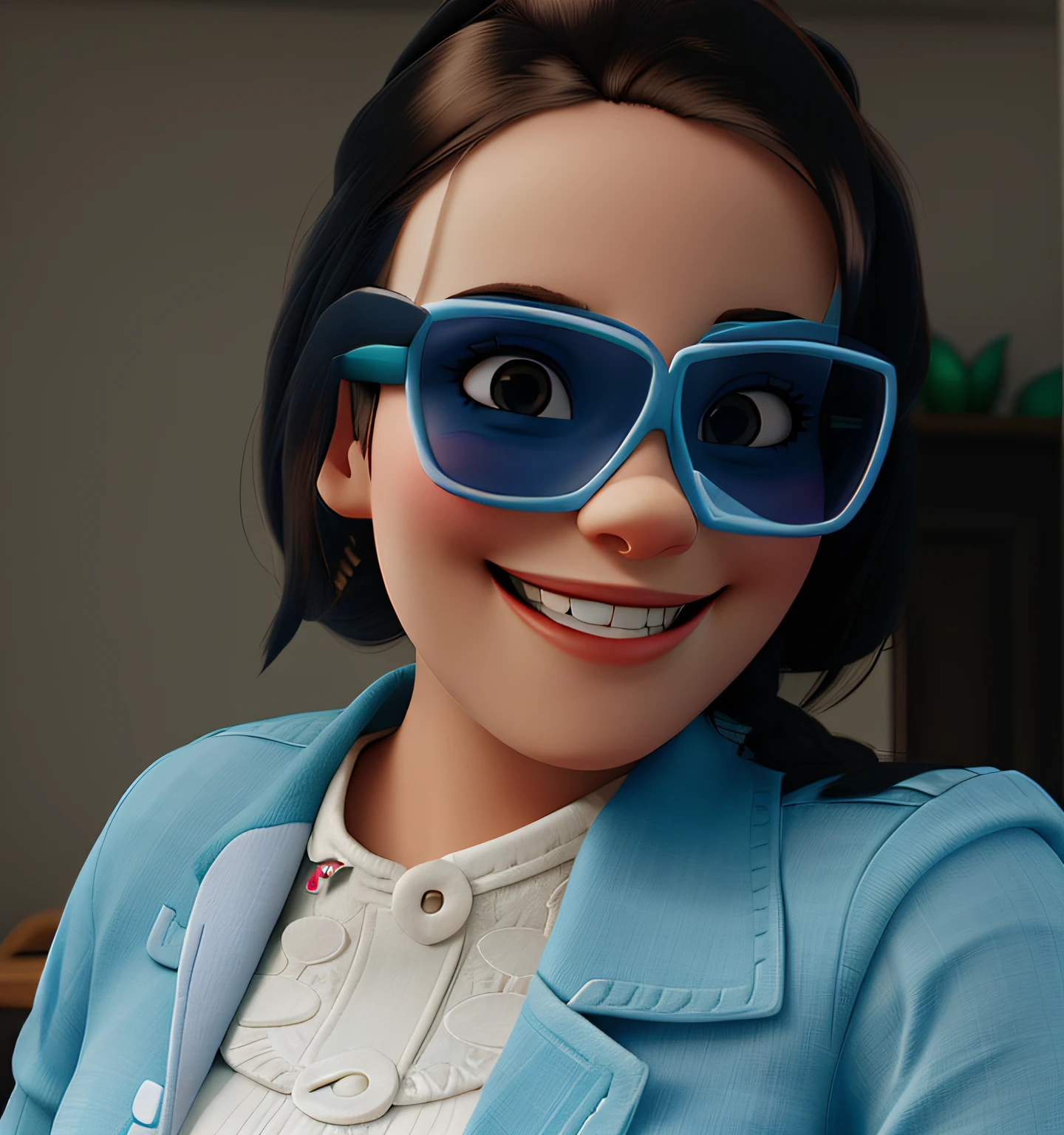 Woman with party glasses smiling