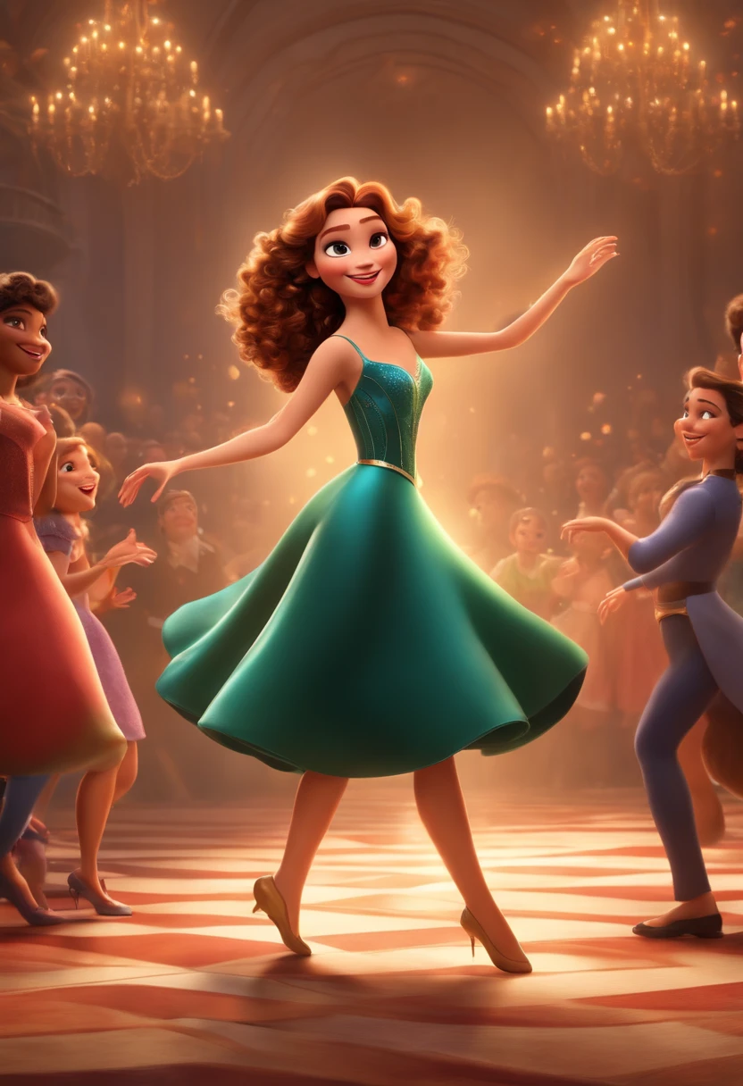 "(best quality,ultra-detalhado,Realistic:1.37),3D rendering,illustration,design de personagens,medium and curly hair lightened brunette ,belos olhos detalhados na cor mel, Estilo Pixar filme valente, White woman dancing on Disney stage,atmosfera animada,vivid colors,luzes de palco,expression joyful"