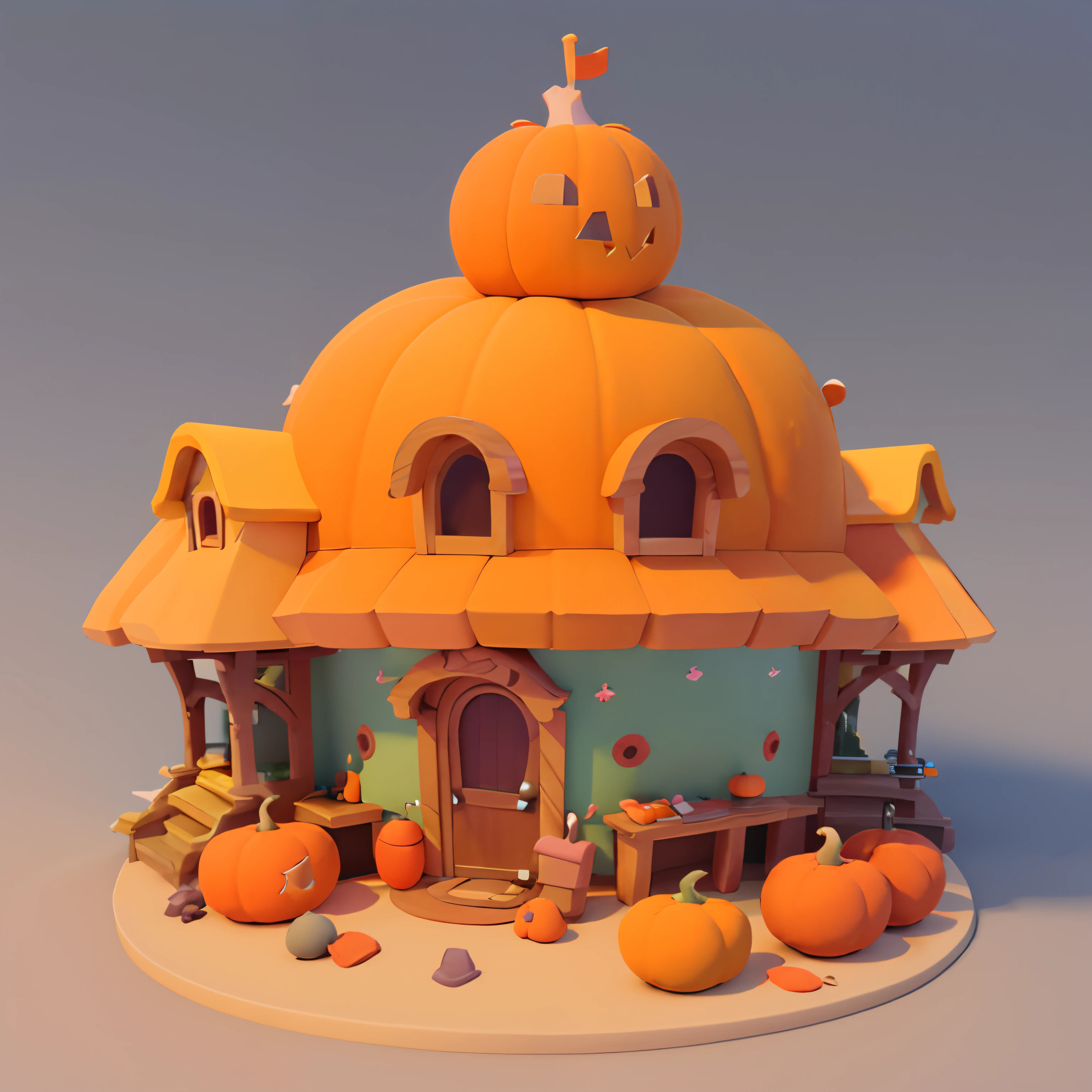 Game architectural design, Cartoony,Pumpkin house,The pumpkin matches the building,casual game style, Carrot building,C4D,closeup cleavage,tmasterpiece,super detailing,best qualtiy