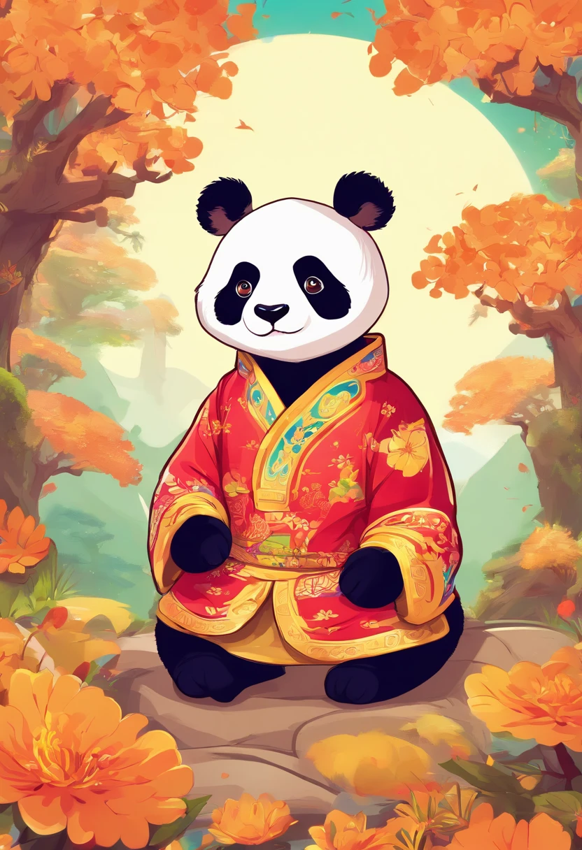 Adorable panda dressed in traditional Chinese costume，moon full，Mid-Autumn Festival,Chinese painting style comics，Advanced background color scheme