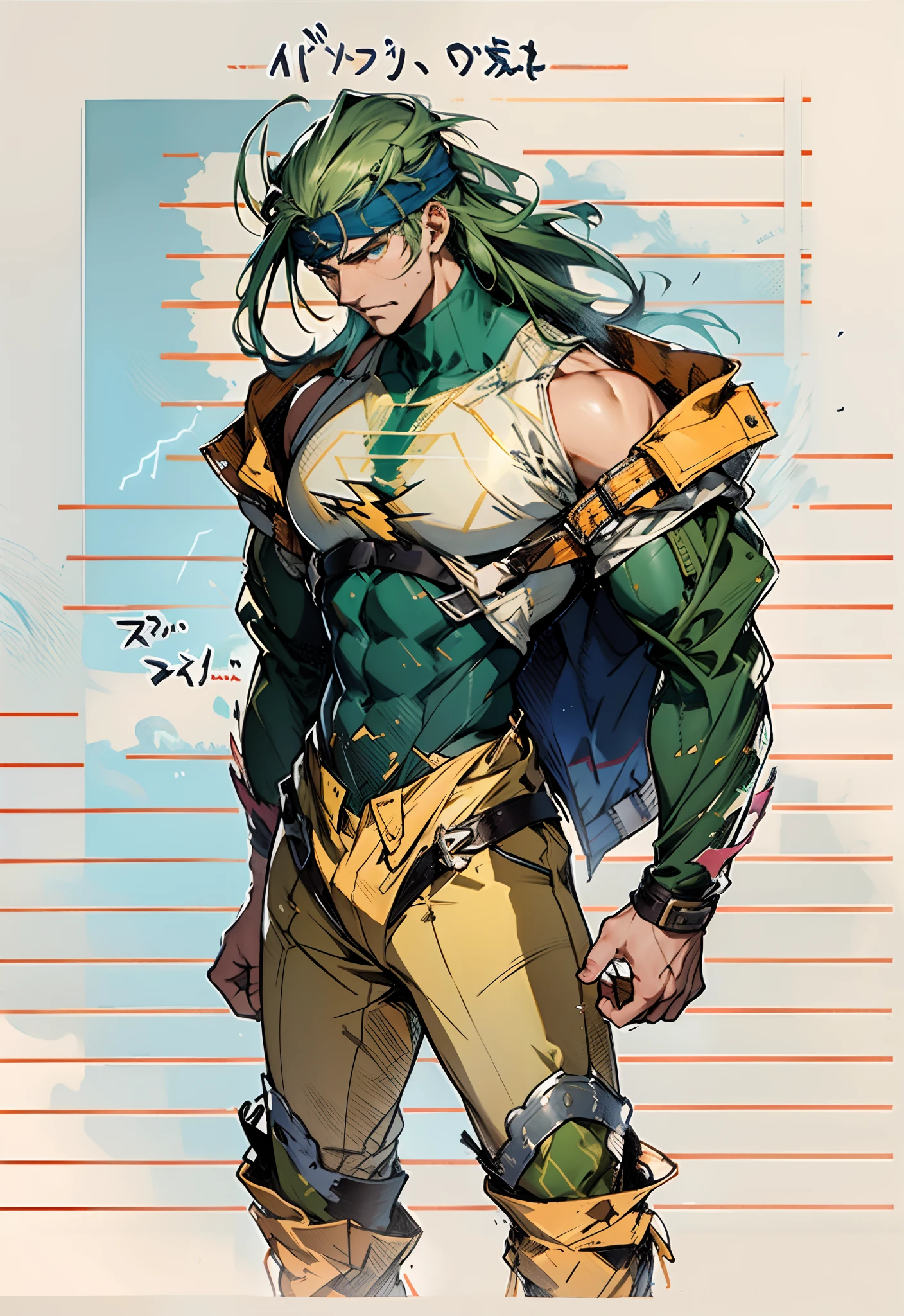 A middle-aged man, dark green long hair, wildly disheveled and exaggerated hairstyle, a headband, no eyebrows, a stern gaze, a well-defined facial structure, a tall and muscular physique, a fantasy-realistic style outfit, only a half-length windbreaker coat, sleeveless, revealing sturdy abdominal muscles, wearing wrist guards adorned with sharp teeth, matching trousers with the outfit, standing like a deity, dark clouds gathering in the sky, flashes of lightning and thunder, wild winds swirling around, this character embodies a finely crafted fantasy-style wild overlord in anime style, characterized by an exquisite and mature manga illustration art style, high definition, best quality, highres, ultra-detailed, ultra-fine painting, extremely delicate, professional, anatomically correct, symmetrical face, extremely detailed eyes and face, high quality eyes, creativity, RAW photo, UHD, 8k, Natural light, cinematic lighting, masterpiece-anatomy-perfect, masterpiece:1.5