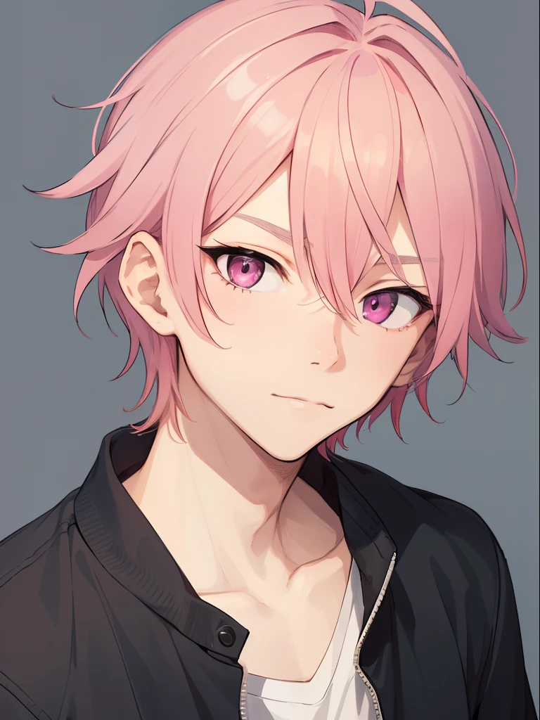 1 male、boy, A pink-haired、pink eyes、neutral expression