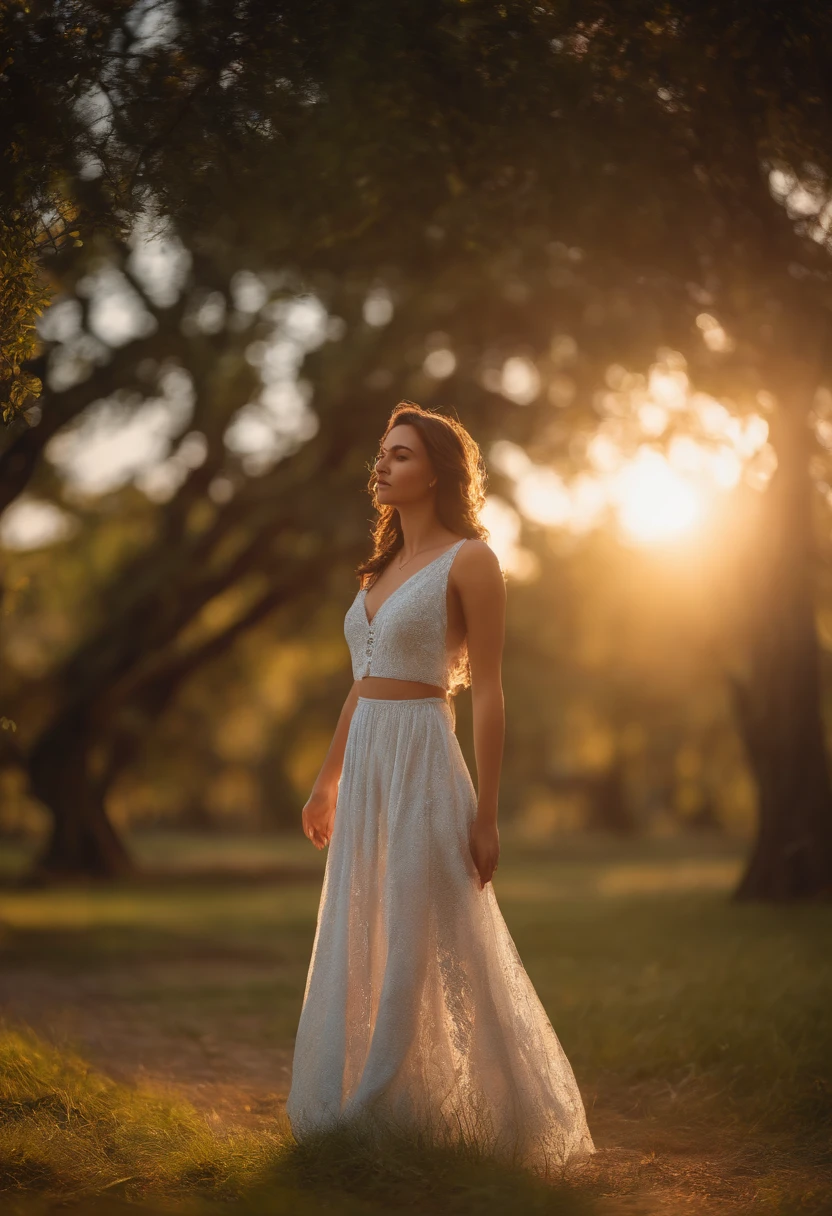 Anjo branco alto feminino lindo, em uma floresta brasileira com muita arvores em um fundo, um sol bem alto e claro, muitas borboletas, In the image with vibrant colors and in 4K with sky full of cloud and mist