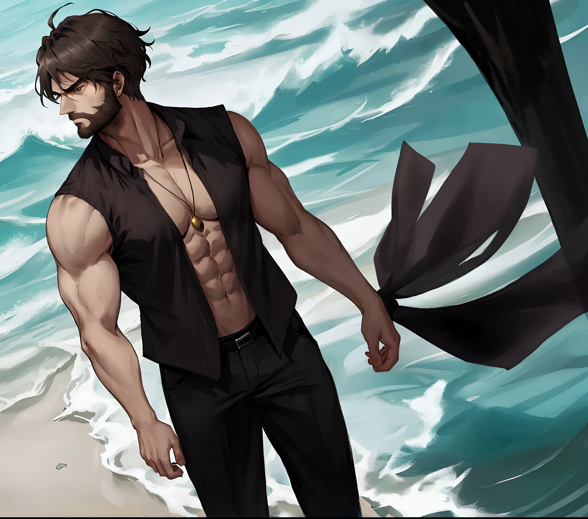 Man - Tall - Muscular - Really short dark brown hair - Dark brown beard - Beach - Looking at the side - Anime - Serious face