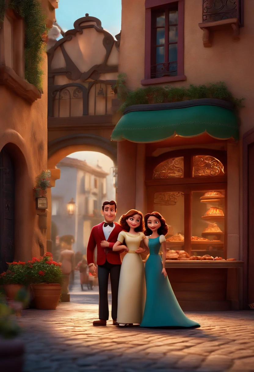 imagem ao estilo disney pixar, melhor qualidade e renderizado 3d, of a beautiful and elegant couple with a young daughter in front of the pizzeria À Lenha. The couple appears in the foreground and the modern pizzeria in burgundy red in the background