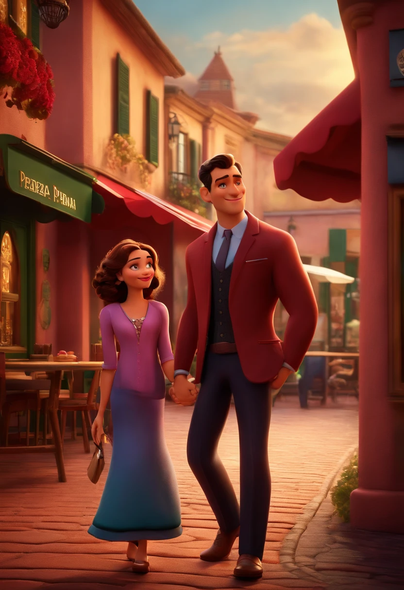 imagem ao estilo disney pixar, melhor qualidade e renderizado 3d, of a beautiful and elegant couple with a young daughter in front of the pizzeria À Lenha. The couple appears in the foreground and the modern pizzeria in burgundy red in the background