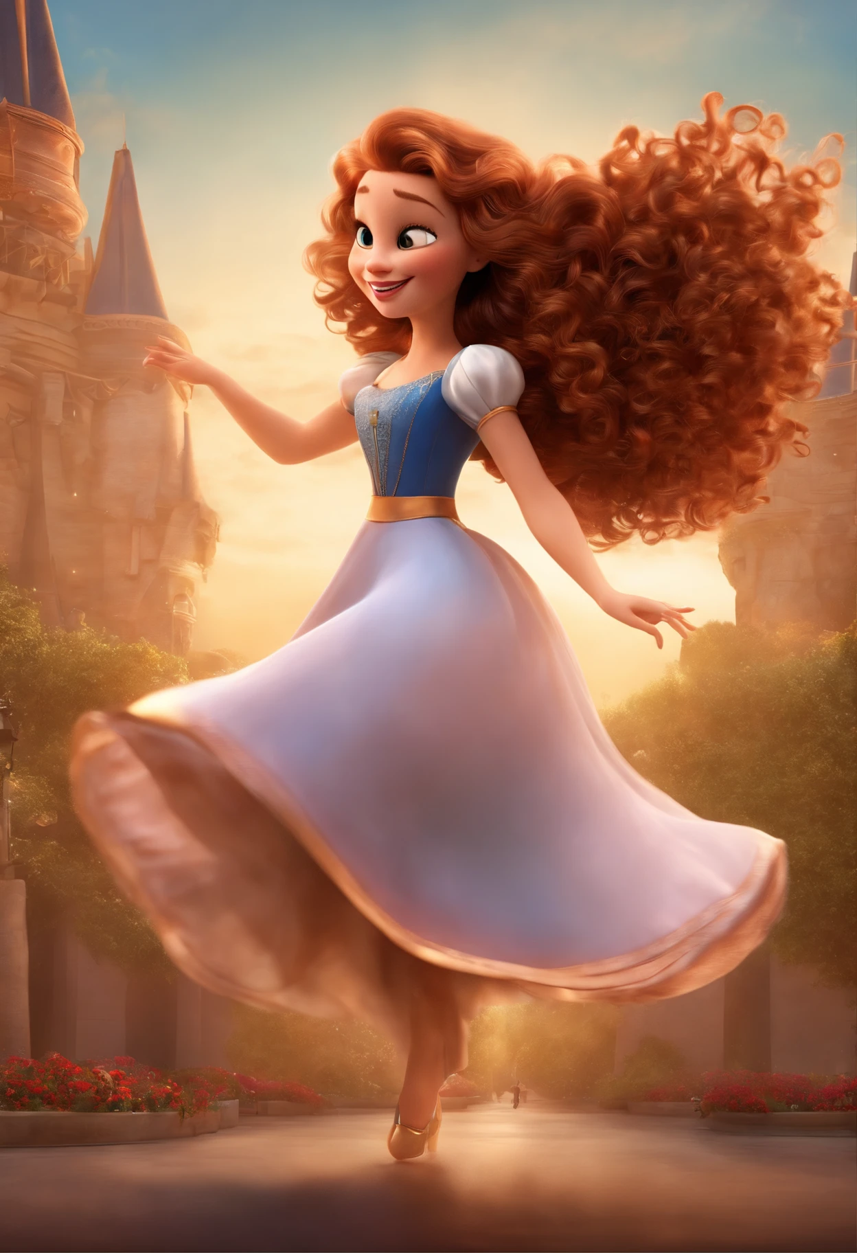 "(best quality,ultra-detalhado,Realistic:1.37),3D rendering,illustration,design de personagens,medium and curly hair lightened brunette ,belos olhos detalhados na cor mel, Estilo Pixar filme valente, White woman dancing on Disney stage,atmosfera animada,vivid colors,luzes de palco,expression joyful"