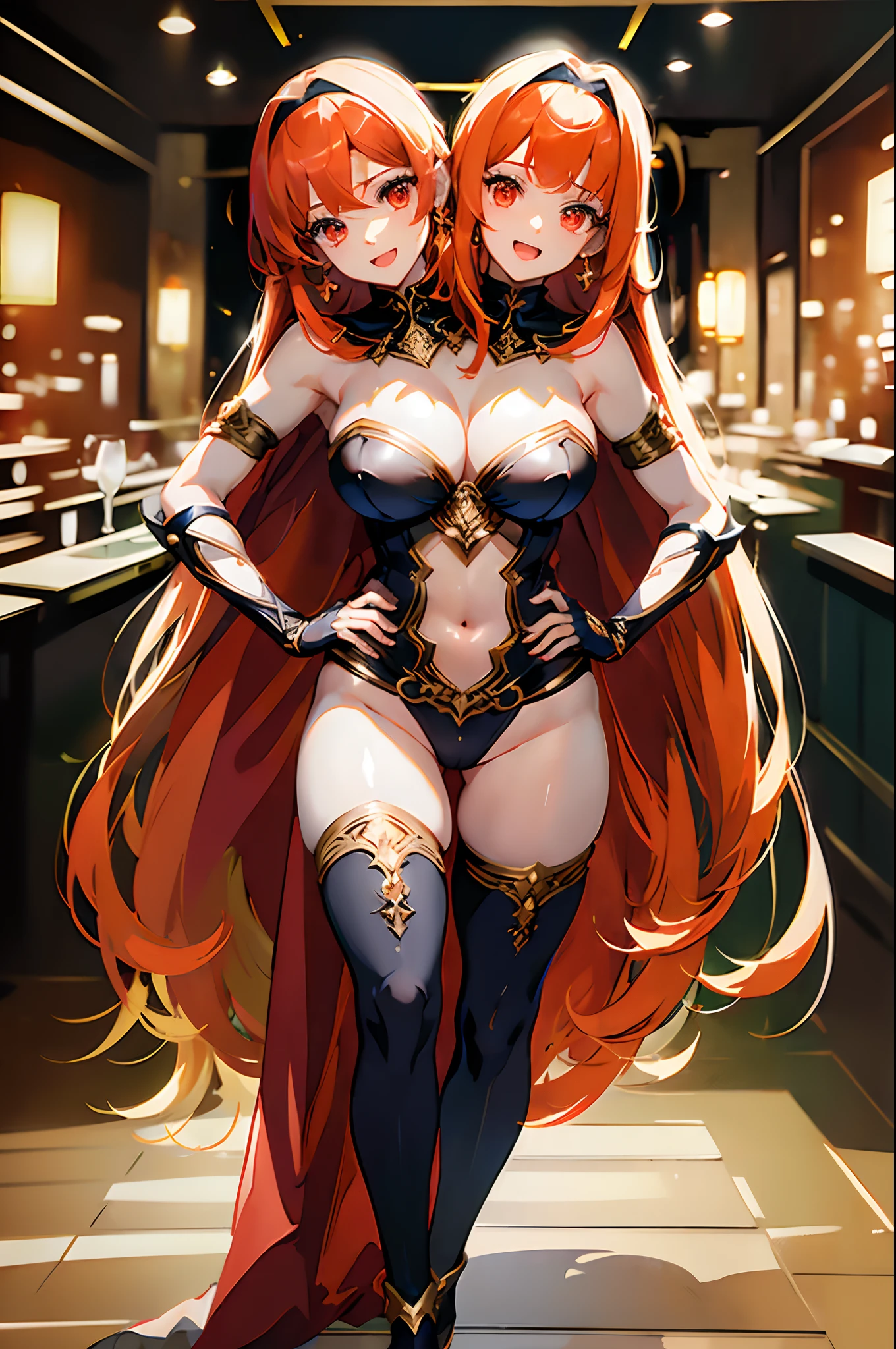 (masterpiece, best quality), best resolution, (2heads:1.5), 1girl, armor, bangs, breasts, cape, cape lift, earrings, gloves, hand on hip, headband, jewelry, long hair, looking at viewer, open mouth, orange hair, red eyes, shoulder armor, smile